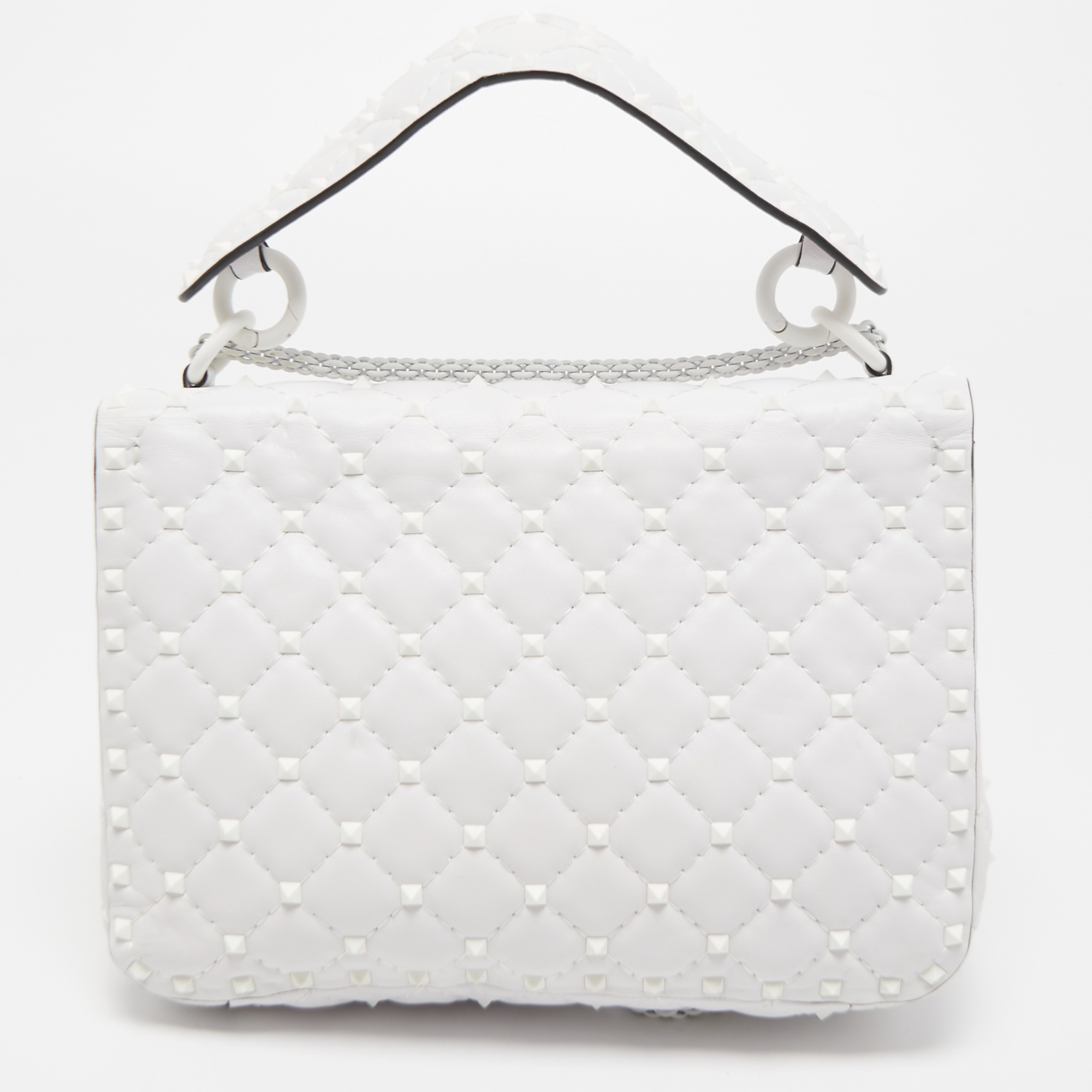 

Valentino White Leather Rockstud Spike Top Handle Bag