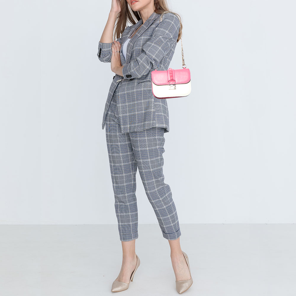 

Valentino Pink/Cream Leather Small Rockstud Glam Lock Flap Bag