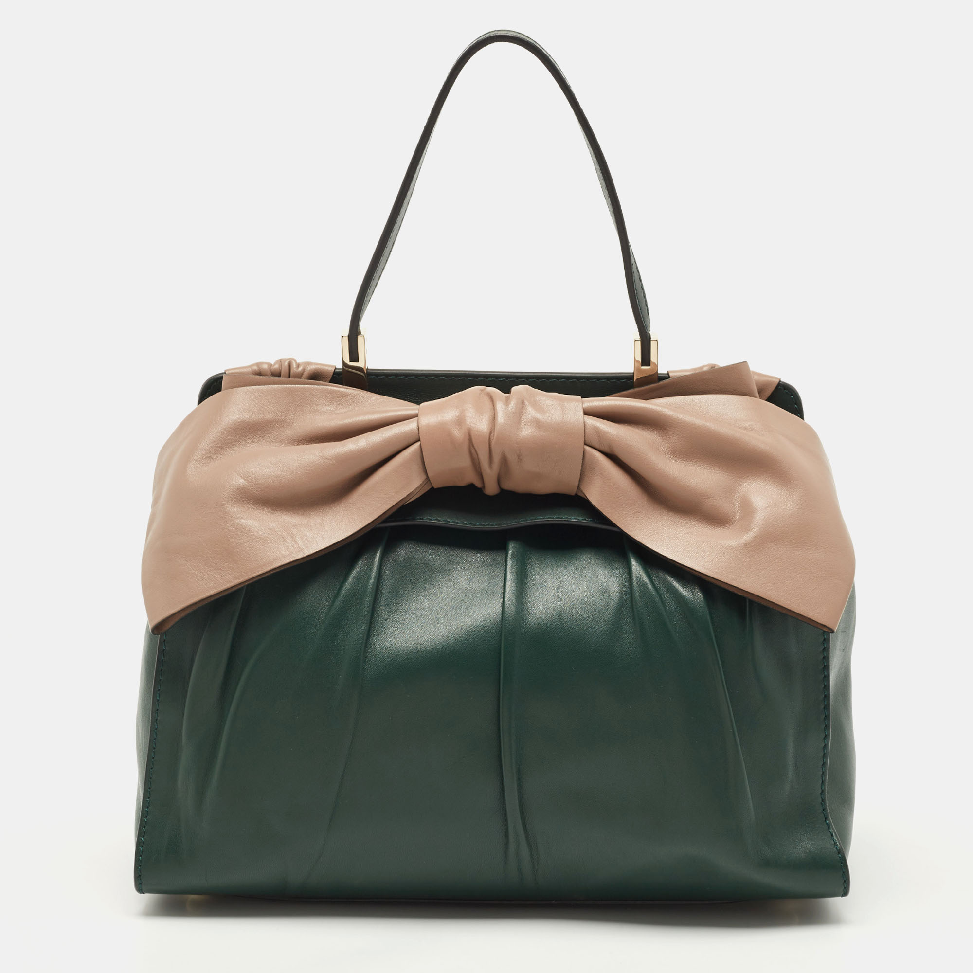 Click to view more detailed imagery on our partner's website Pre-owned Valentino Garavani Green/dusty Pink Leather Aphrodite Bow Top Handle Bag