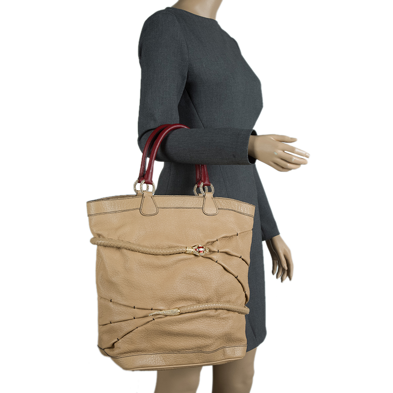 

Valentino Beige Leather Snake Around Crystal Embellished Shopper Tote