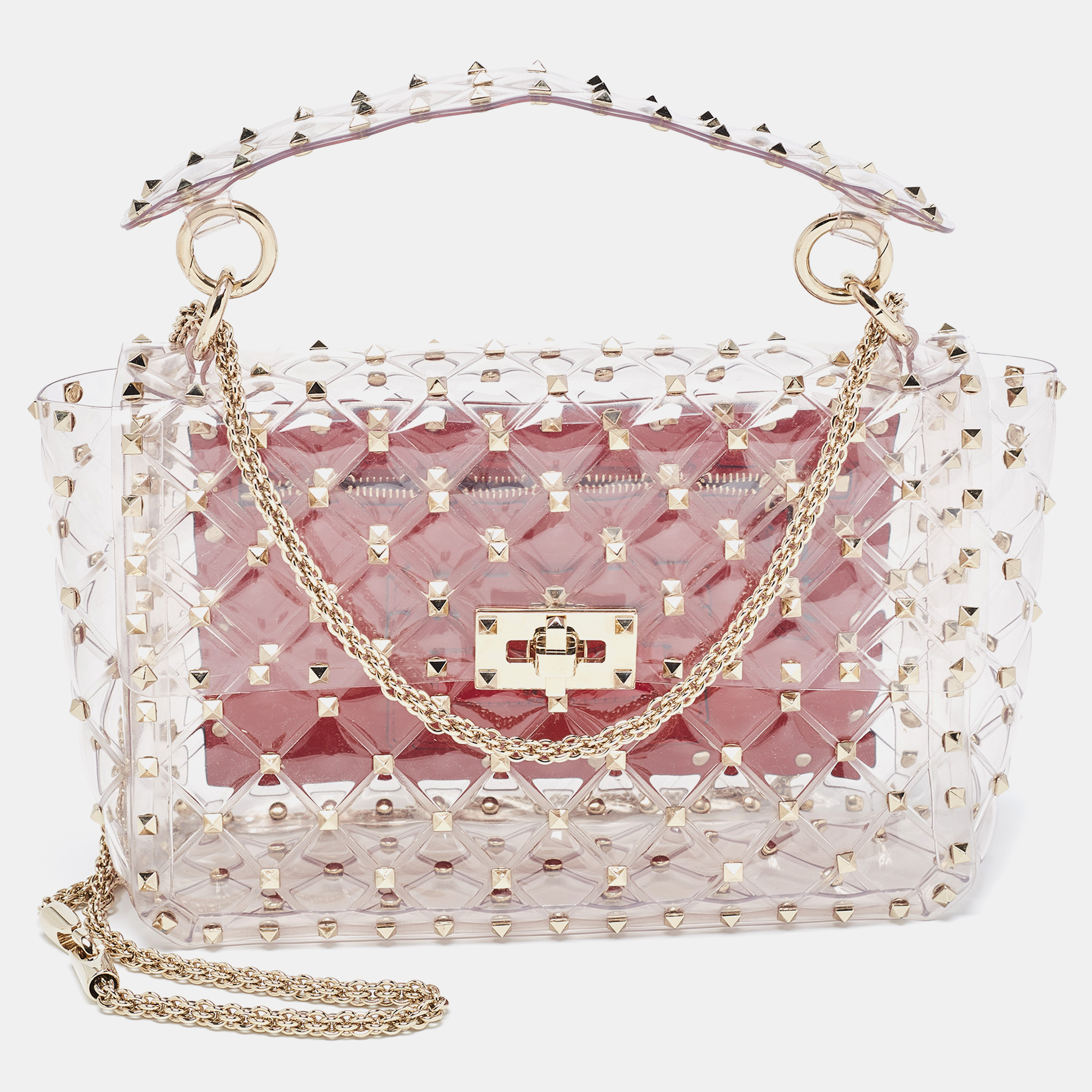 Click to view more detailed imagery on our partner's website Pre-owned Valentino Garavani Clear/red Pvc Medium Rockstud Spike Top Handle Bag