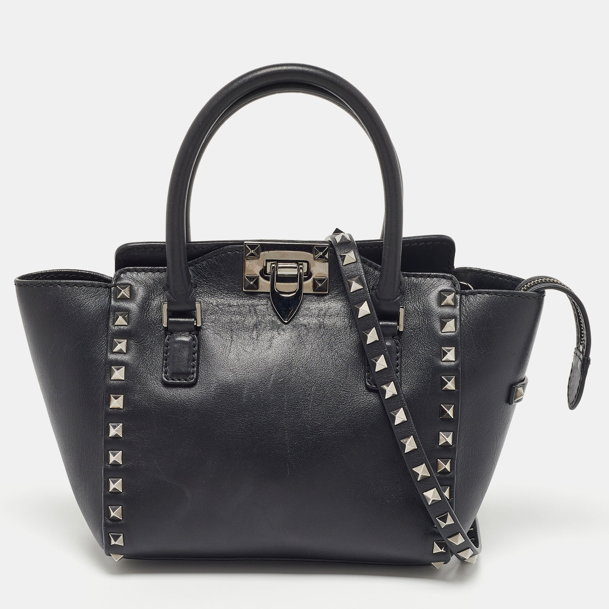 Pre-owned Black Leather Mini Rockstud Trapeze Tote