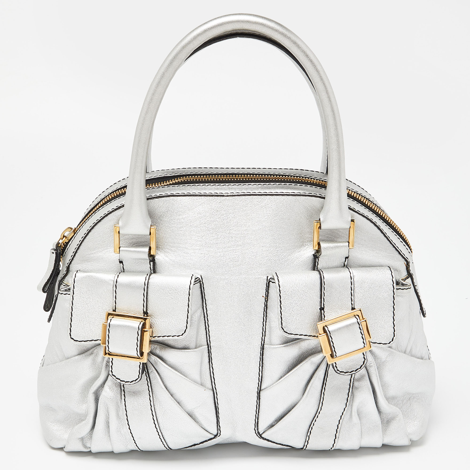 

Valentino Silver Leather Front Pocket Satchel, Gold