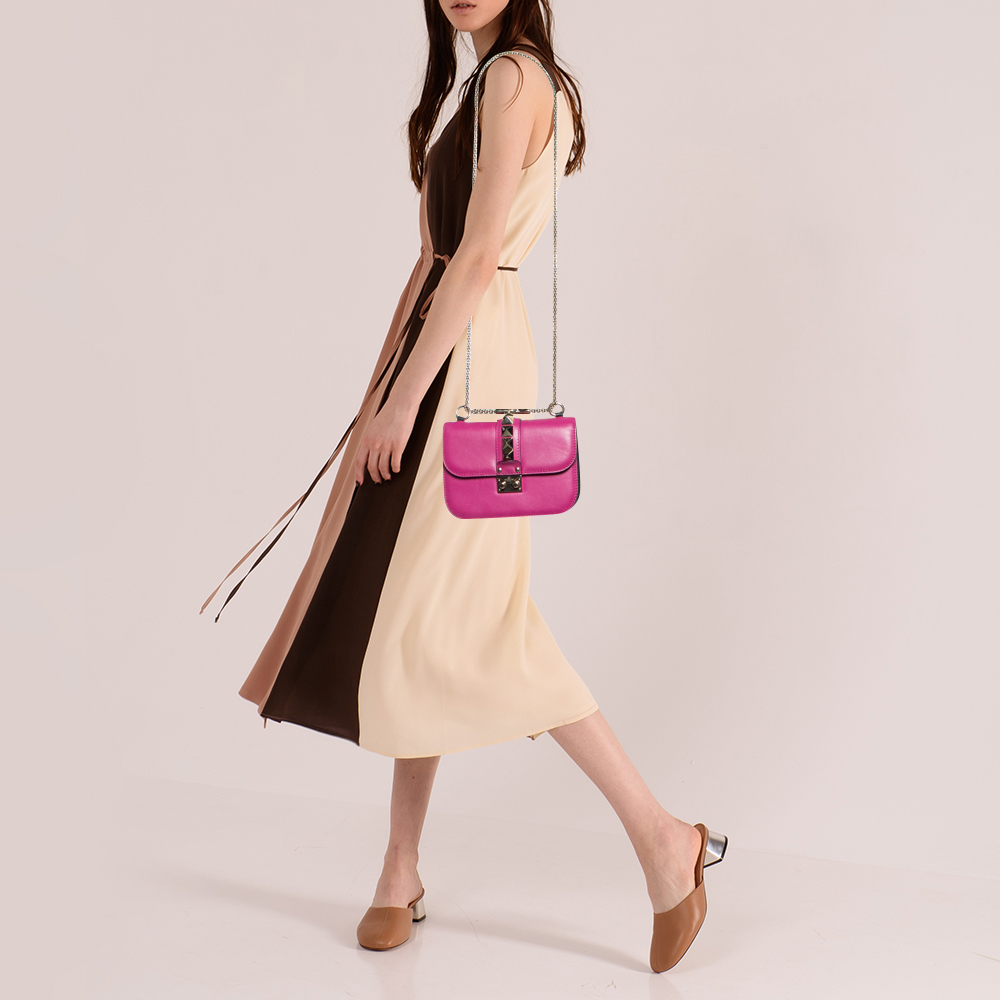 

Valentino Pink Leather Small Rockstud Glam Lock Flap Bag