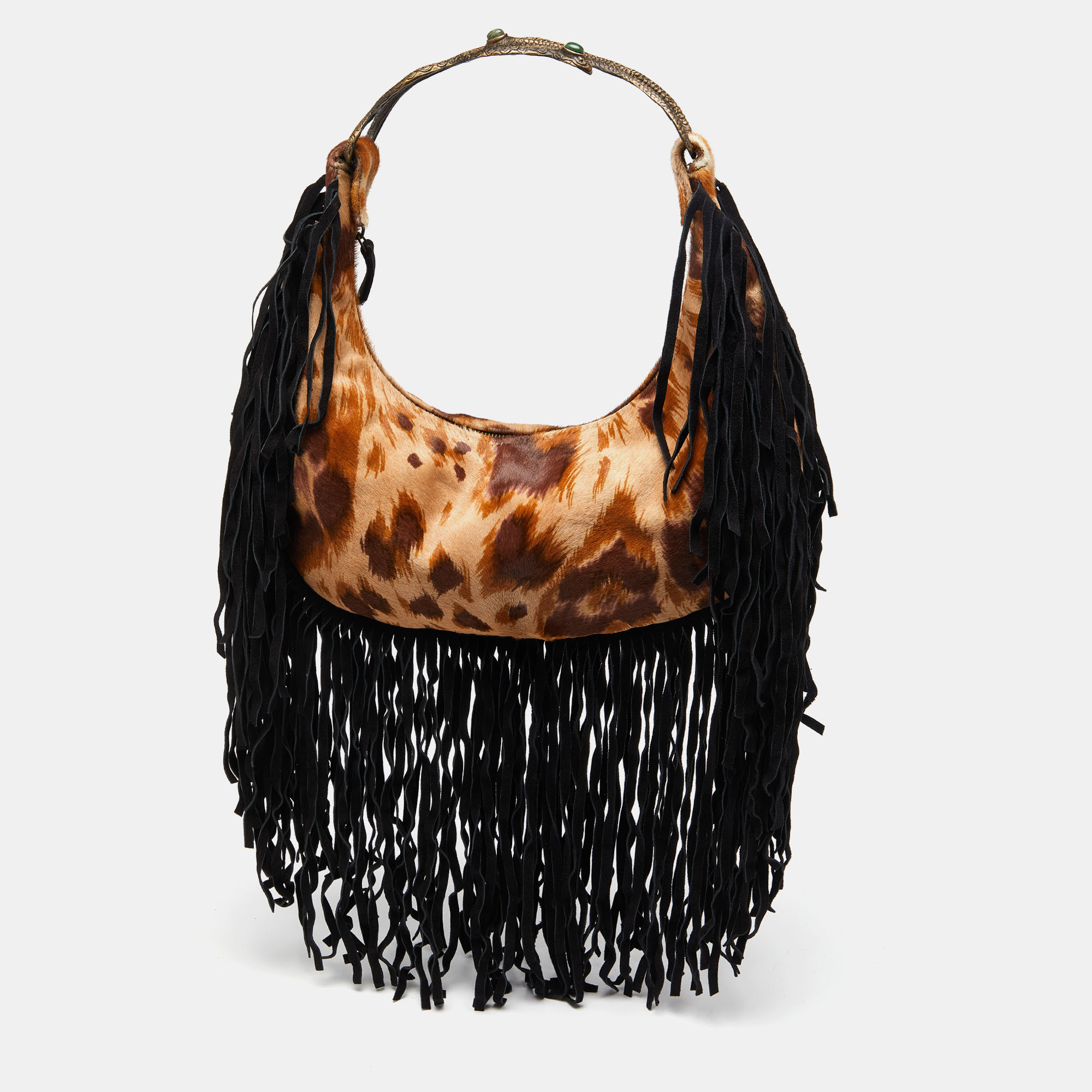 

Valentino Brown/Black Calfhair and Suede Fringe Hobo