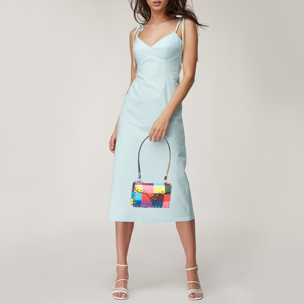 

Valentino Multicolor Printed Leather Rockstud Top Handle Bag
