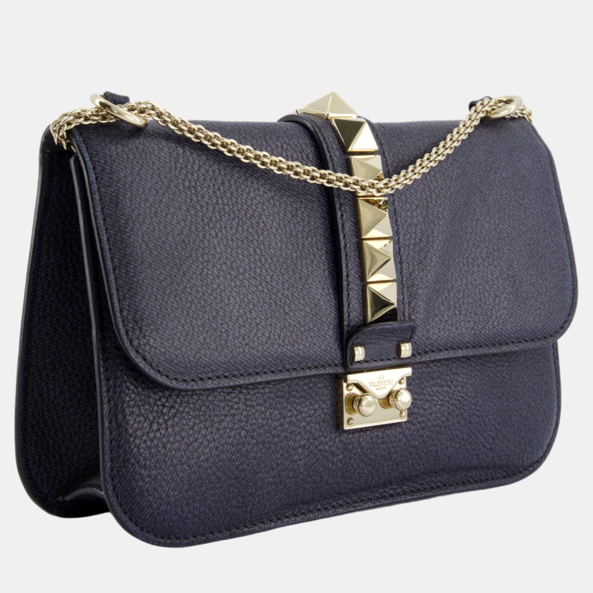 

Valentino Navy Blue Rock Me Shoulder Bag with Champagne Gold Hardware