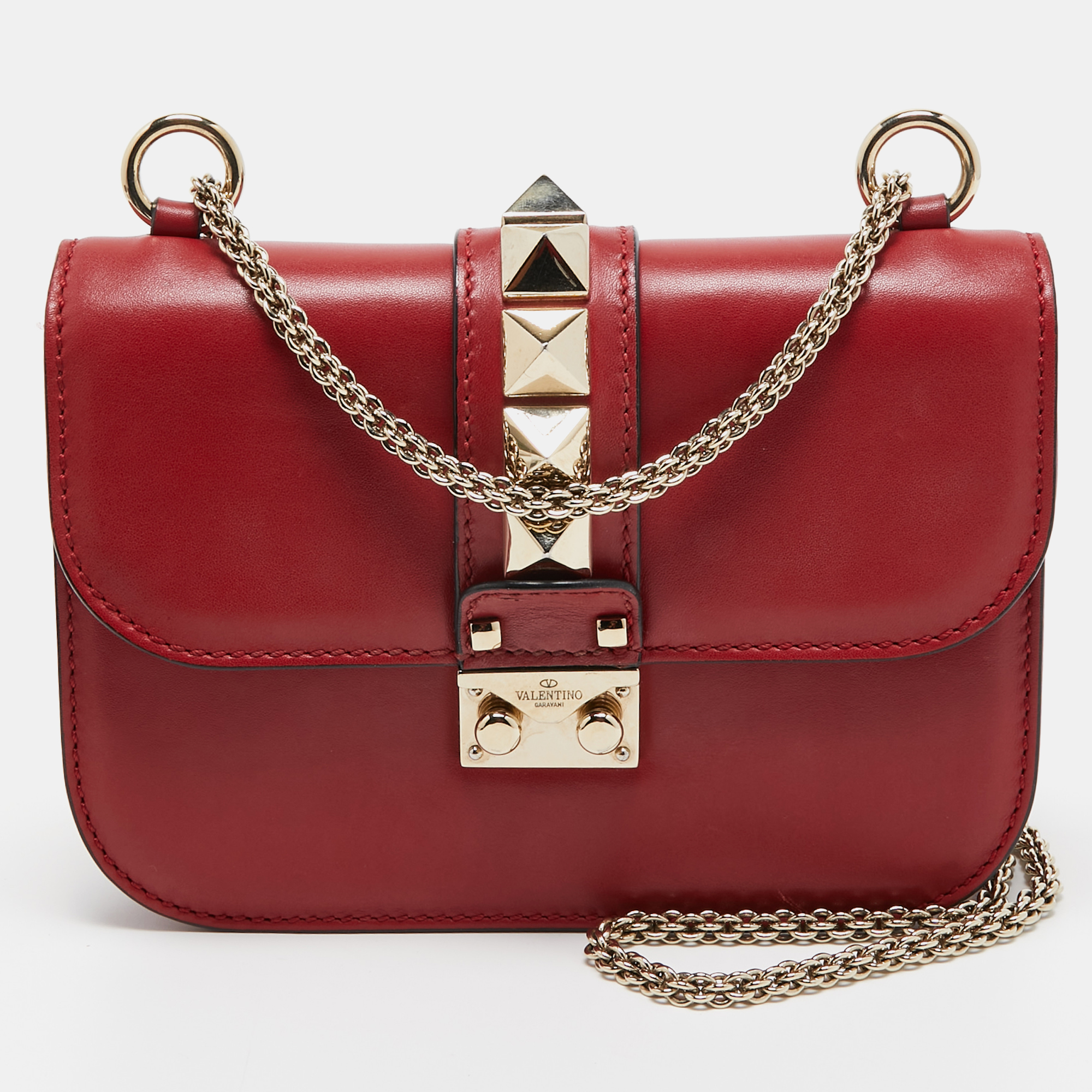 

Valentino Red Leather  Rockstud Glam Lock Flap Bag