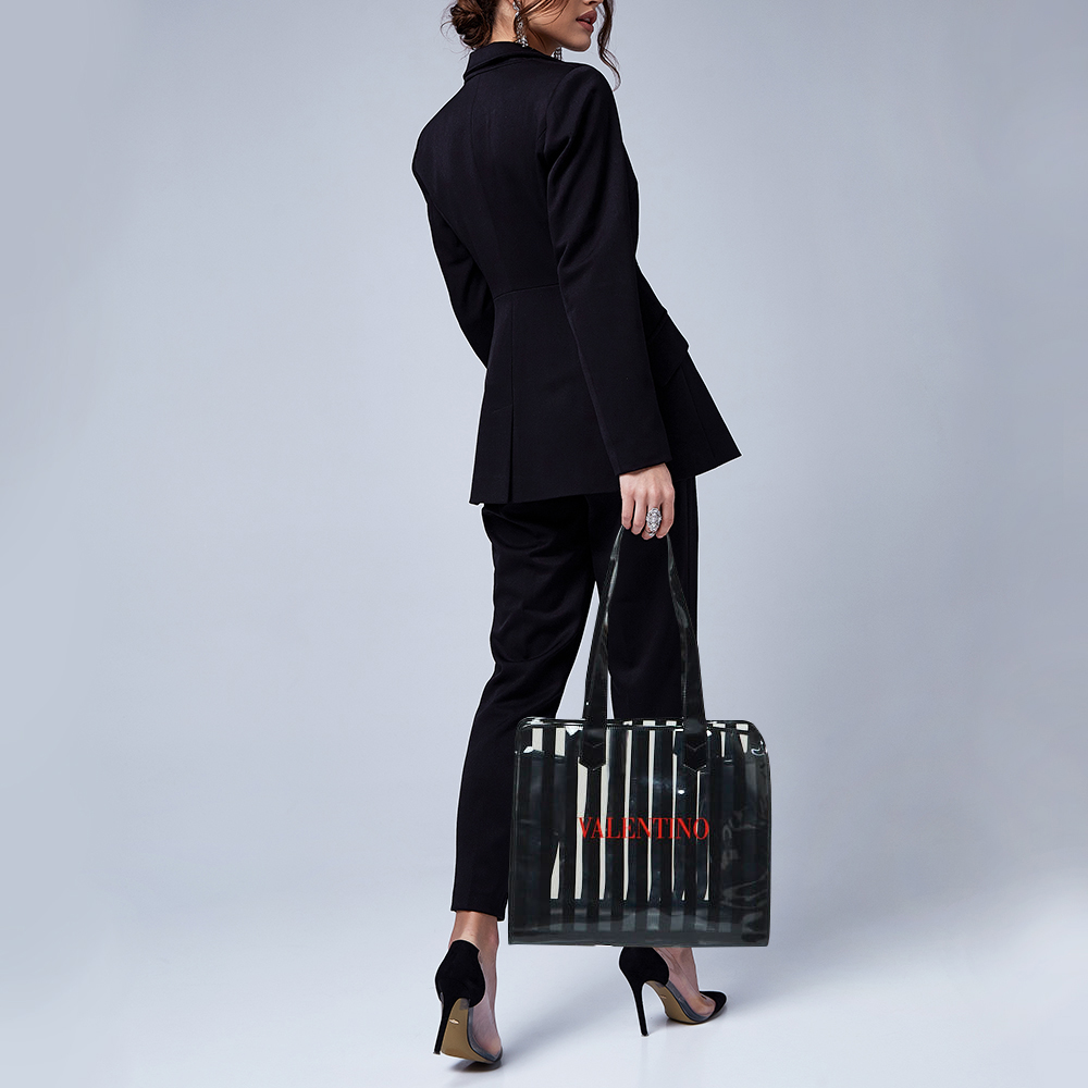 

Valentino Black/Clear PVC and Patent Leather Striped Tote