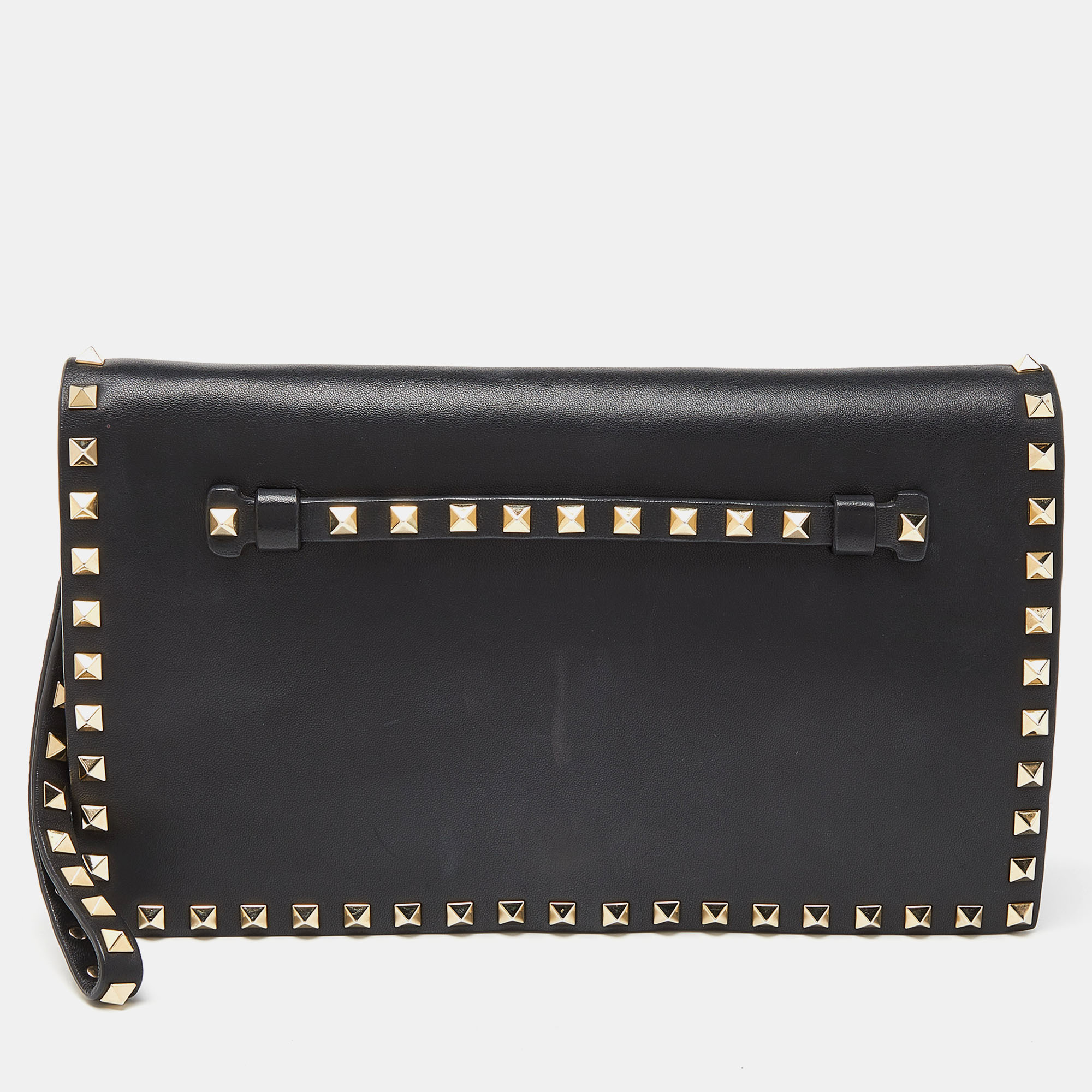 Pre-owned Valentino Garavani Black Leather Rockstud Wristlet Clutch