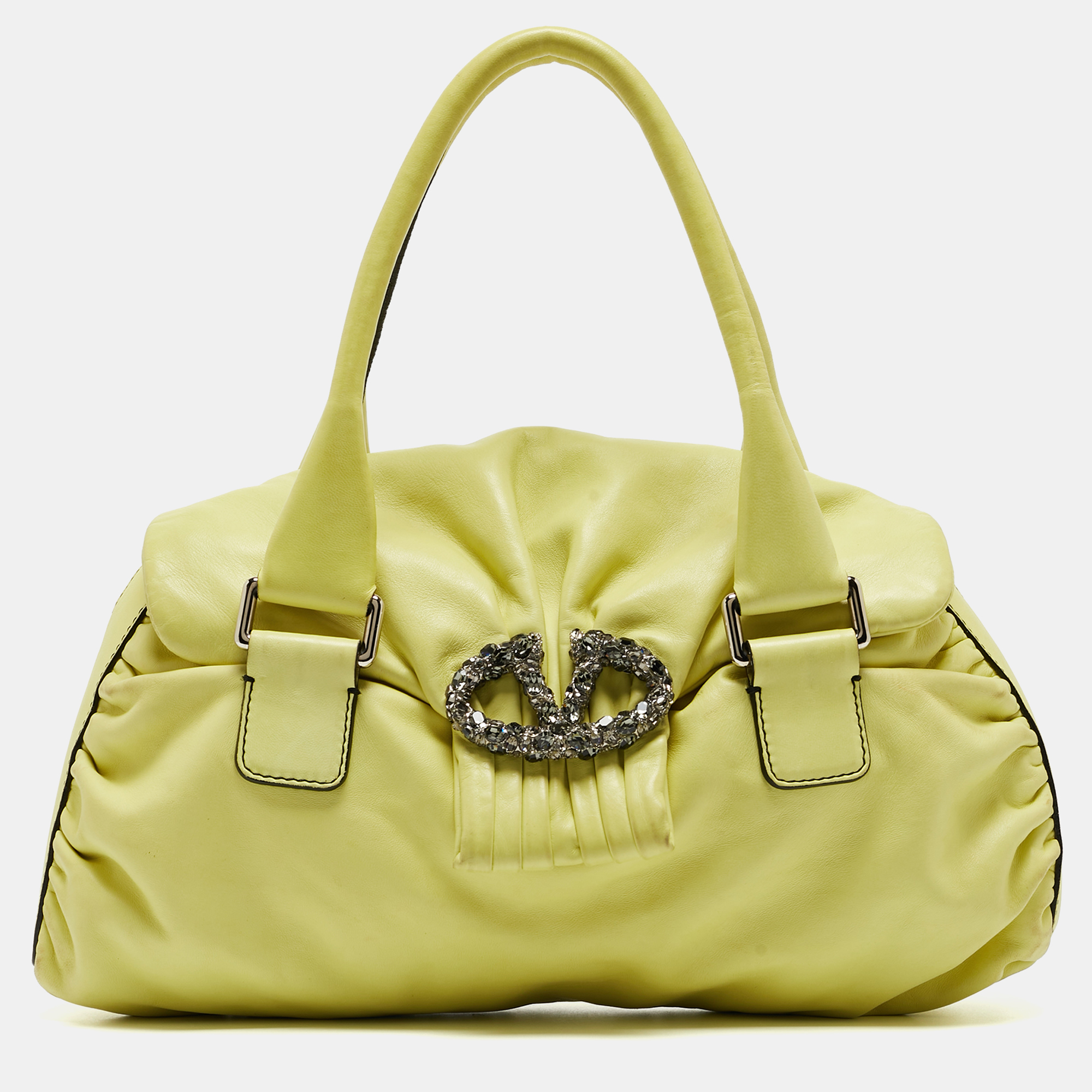 Pre-owned Valentino Garavani Lime Yellow Leather Crystal Embellished Catch Satchel