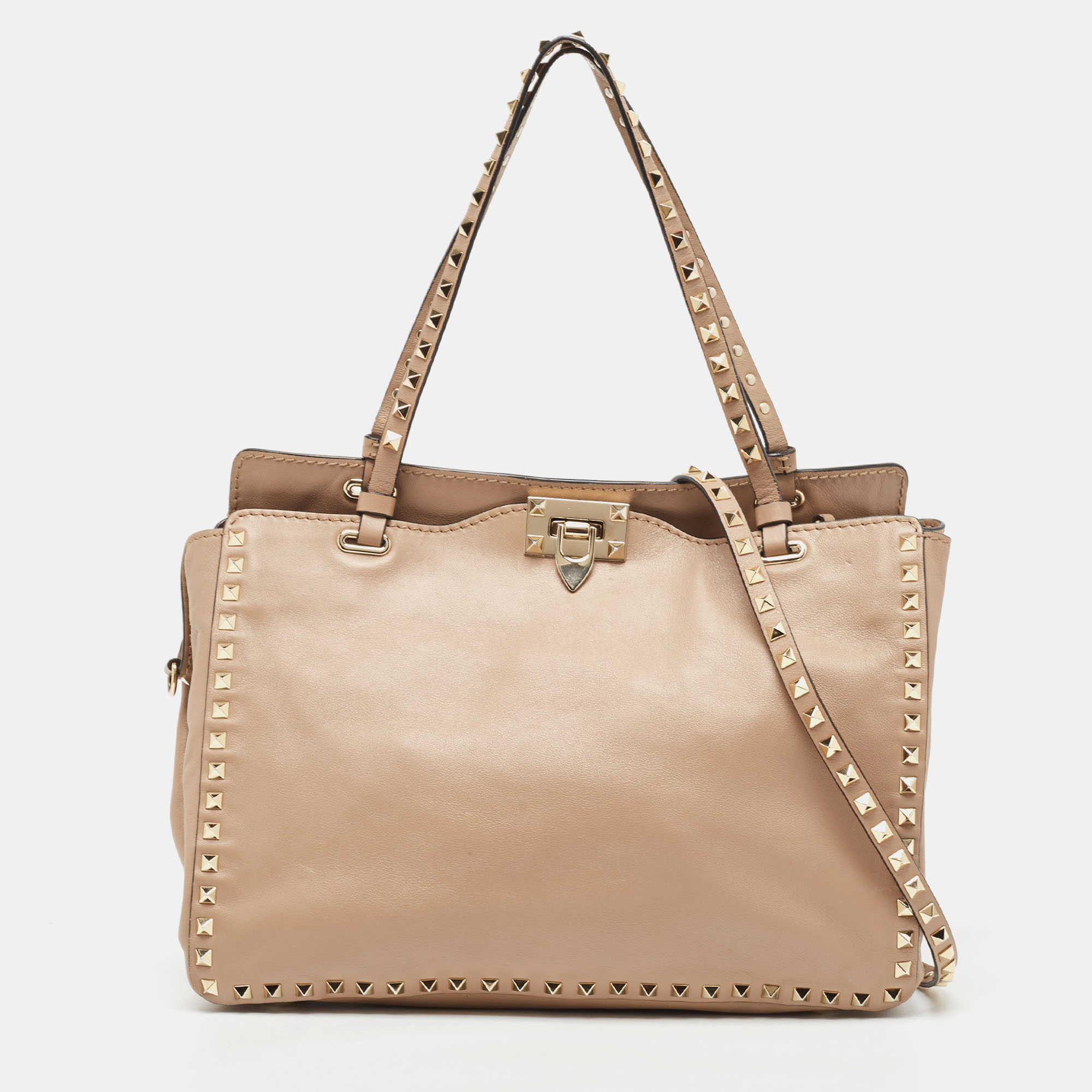 Pre Owned Valentino Beige Leather Medium Rockstud Trapeze Tote