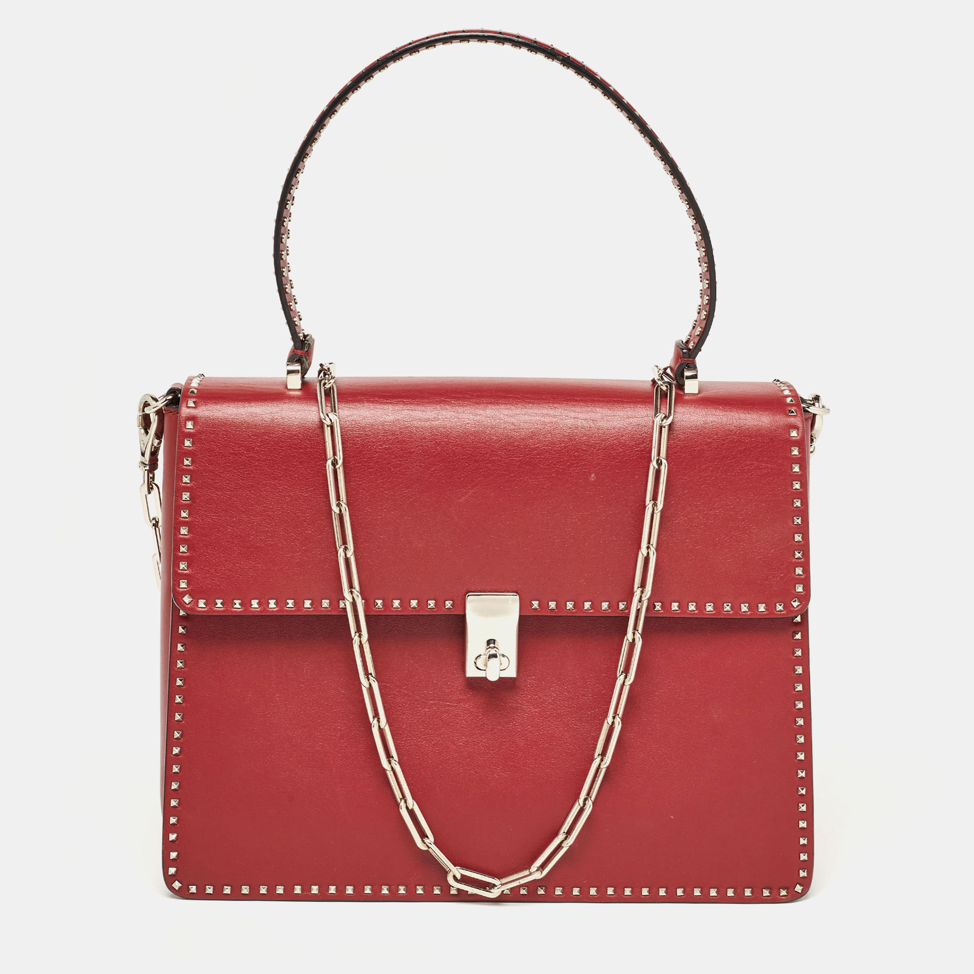Pre-owned Valentino Garavani Red Leather Rockstud Top Handle Bag