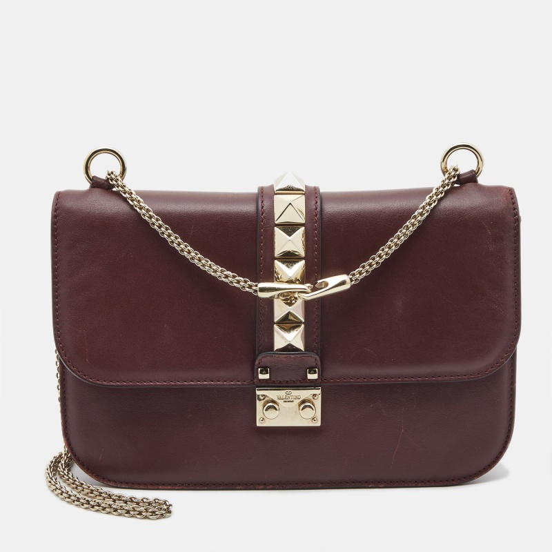 Pre-owned Valentino Garavani Burgundy Leather Medium Rockstud Glam Lock Flap Bag