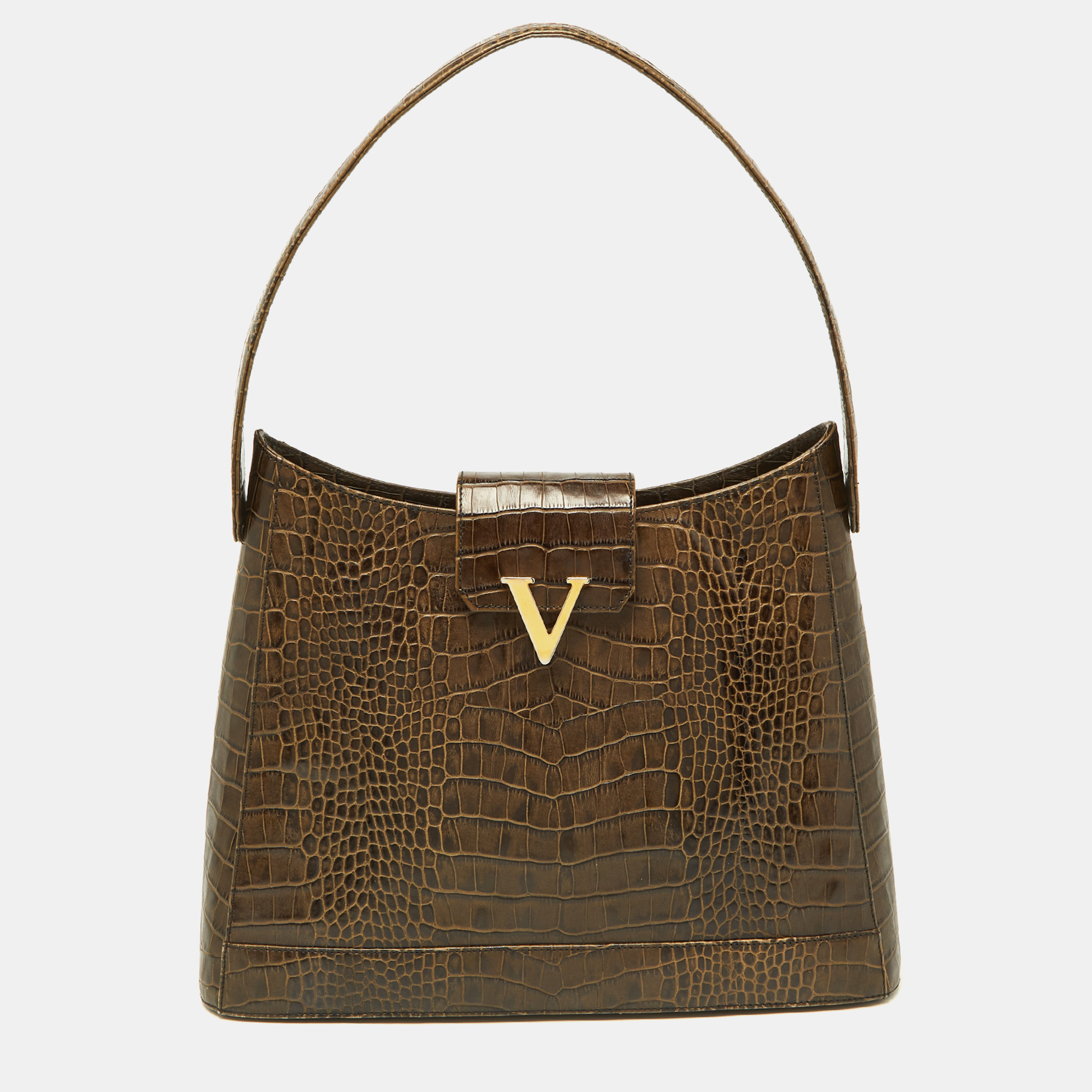 

Valentino Olive Green Croc Embossed Leather Hobo