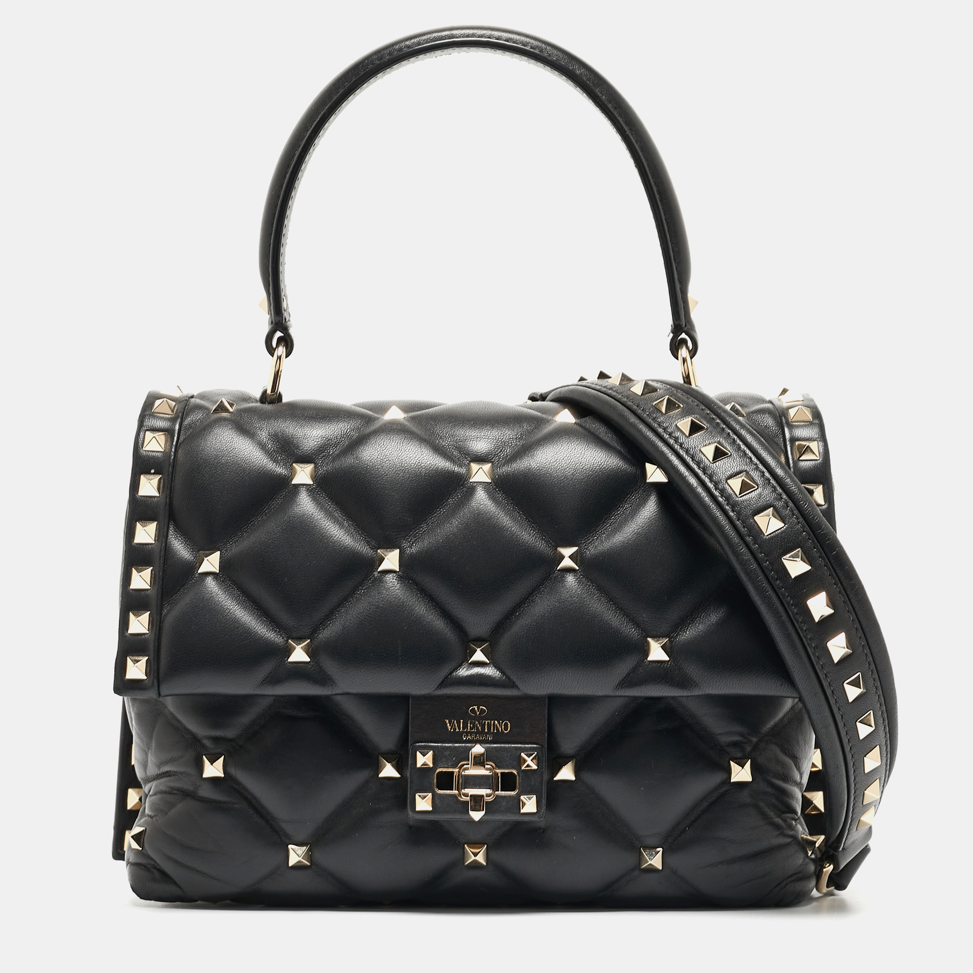 

Valentino Black Quilted Leather  Candystud Top Handle Bag