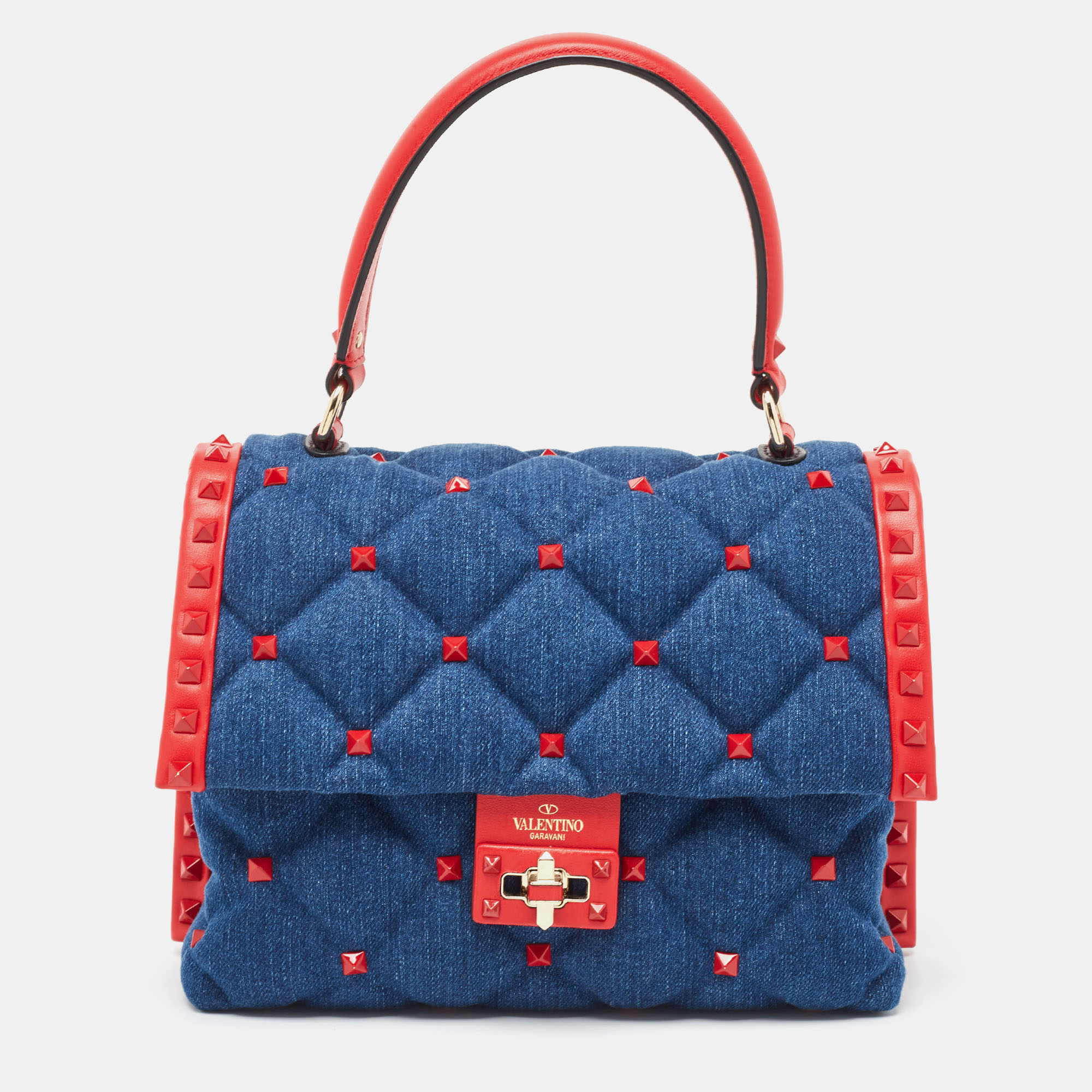 

Valentino Blue/Red Denim and Leather Candystud Top Handle Bag