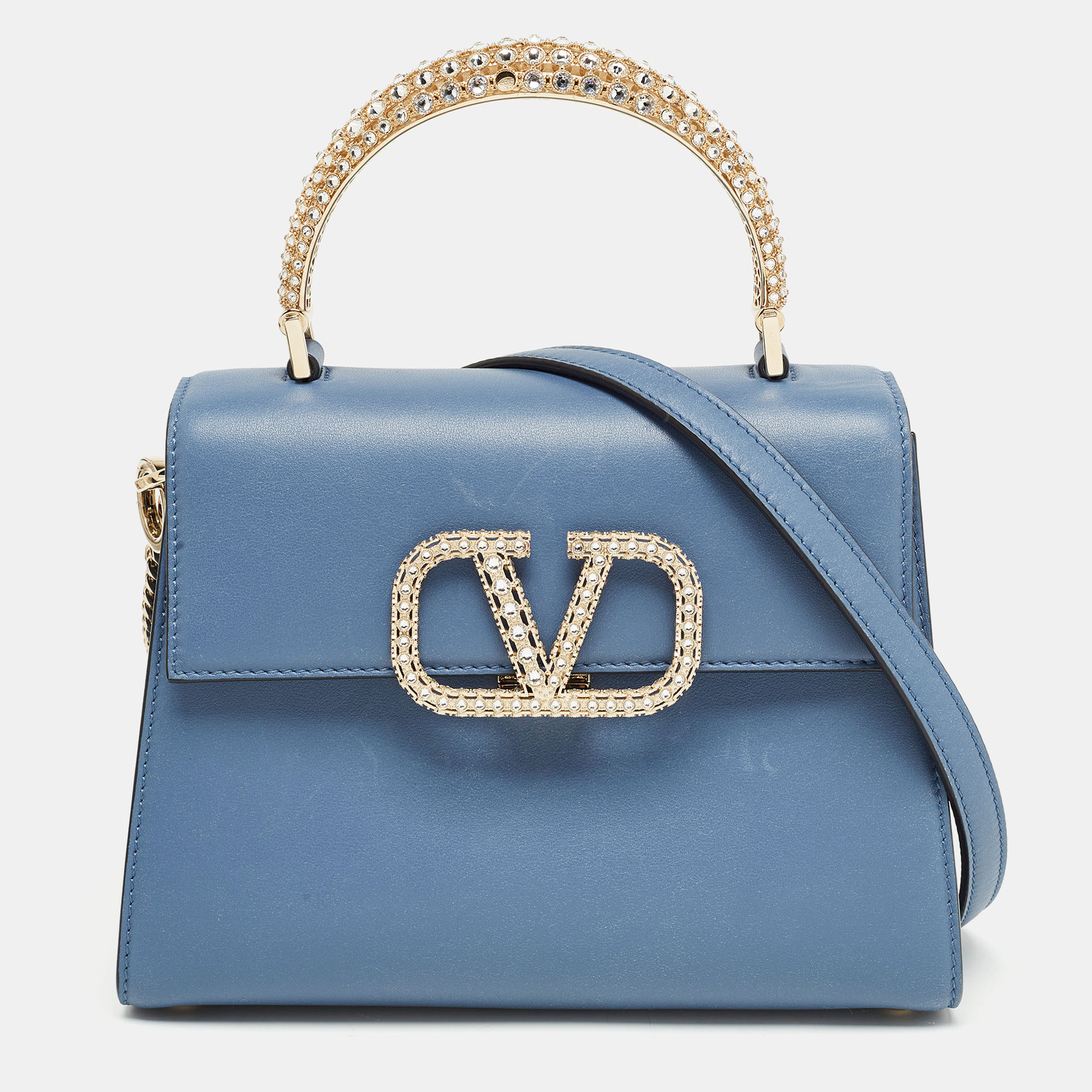 

Valentino Light Blue Leather  Jewel Embellished VSling Top Handle Bag