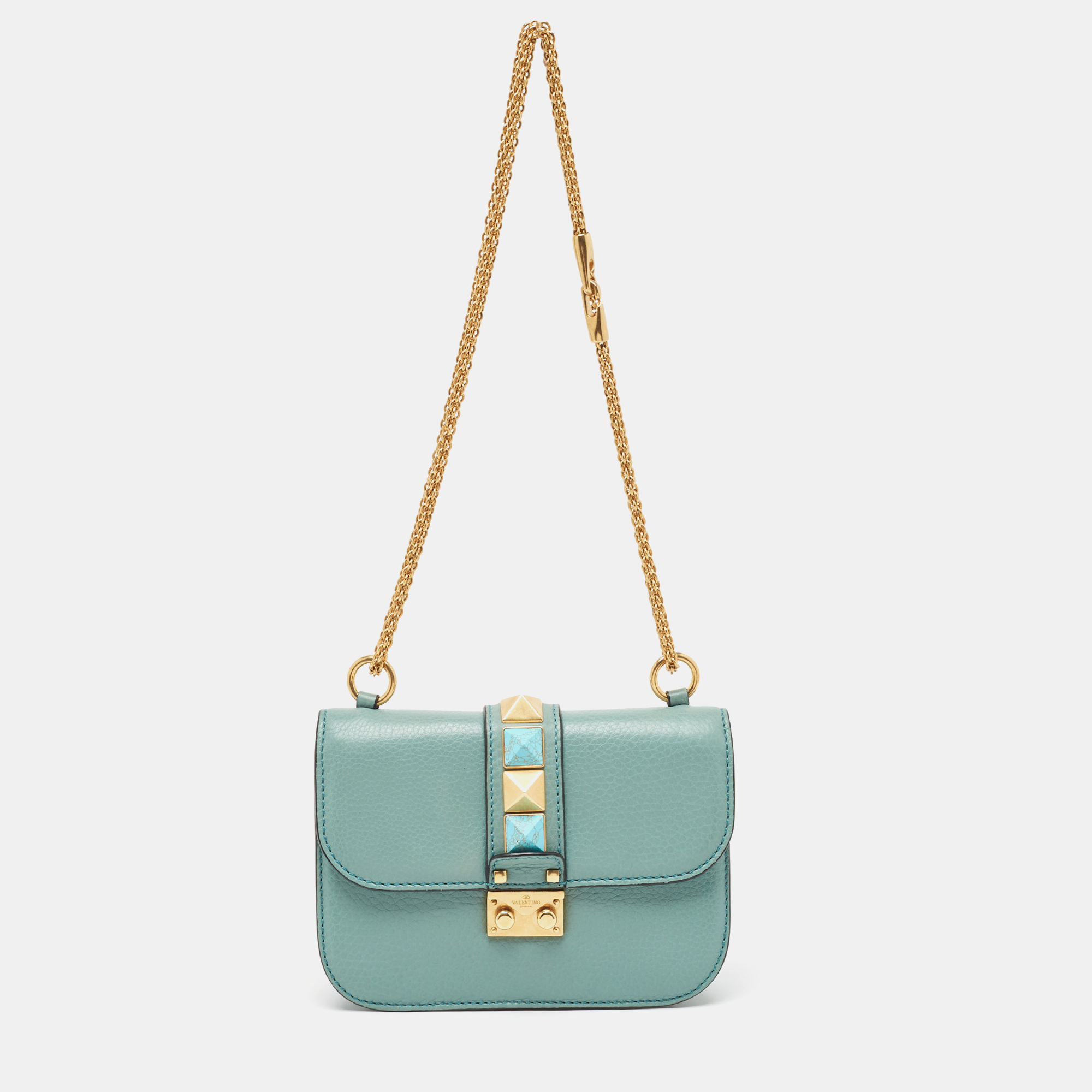Pre-owned Valentino Garavani Turquoise Leather Small Rolling Rockstud Glam Lock Flap Bag In Green