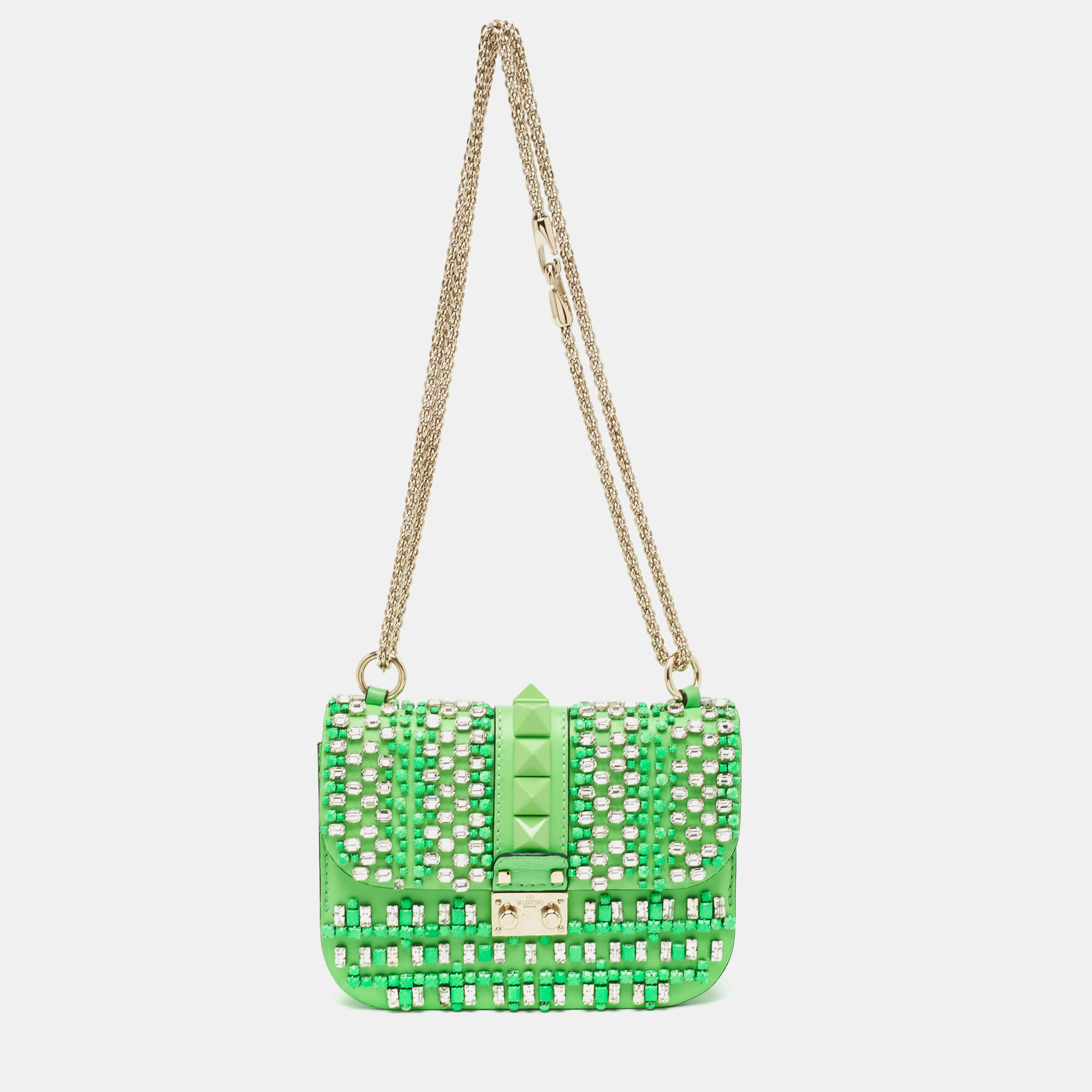 

Valentino Neon Green Leather Small Glam Lock Crystals Flap Bag