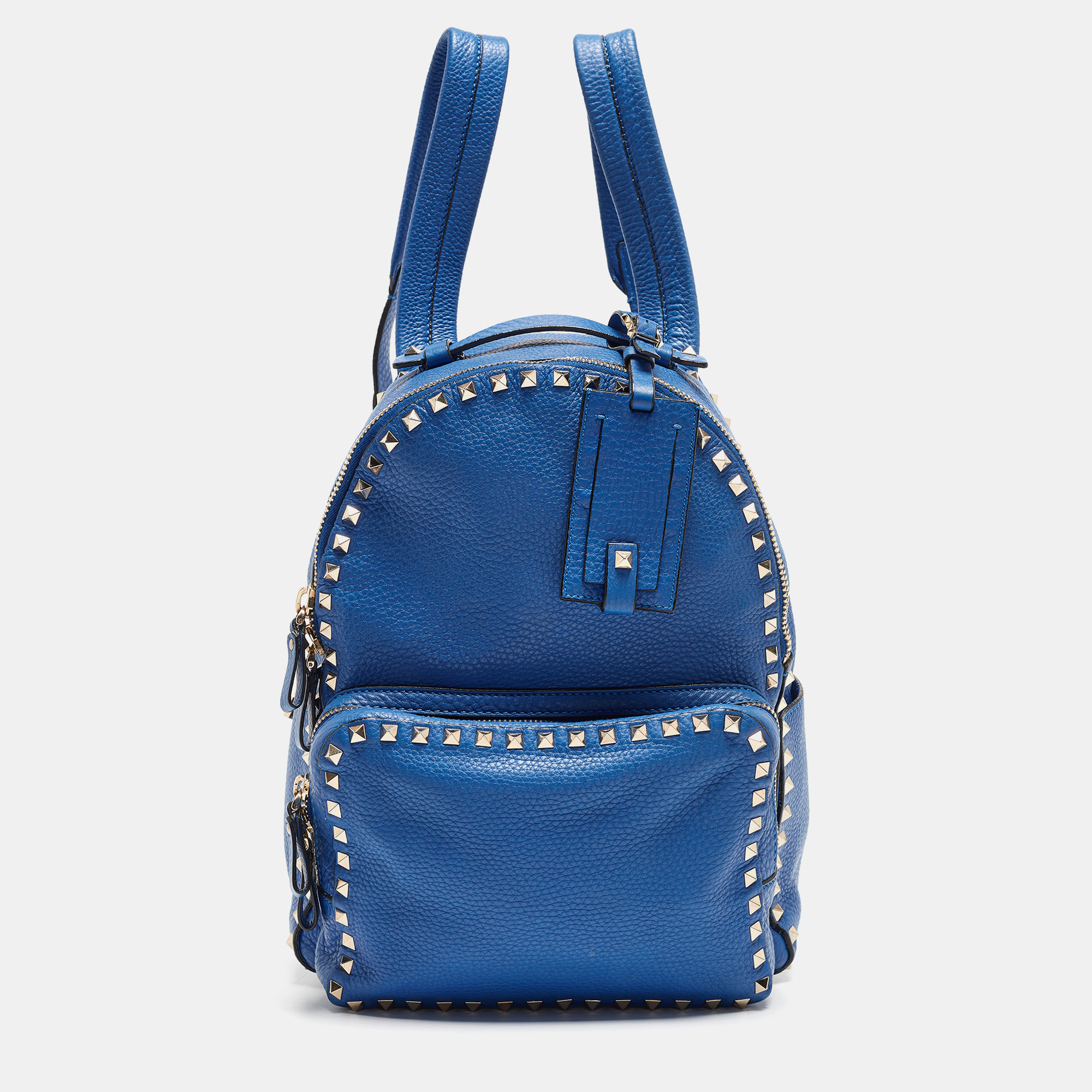 Pre Owned Valentino Blue Leather Rockstud Front Pocket Backpack