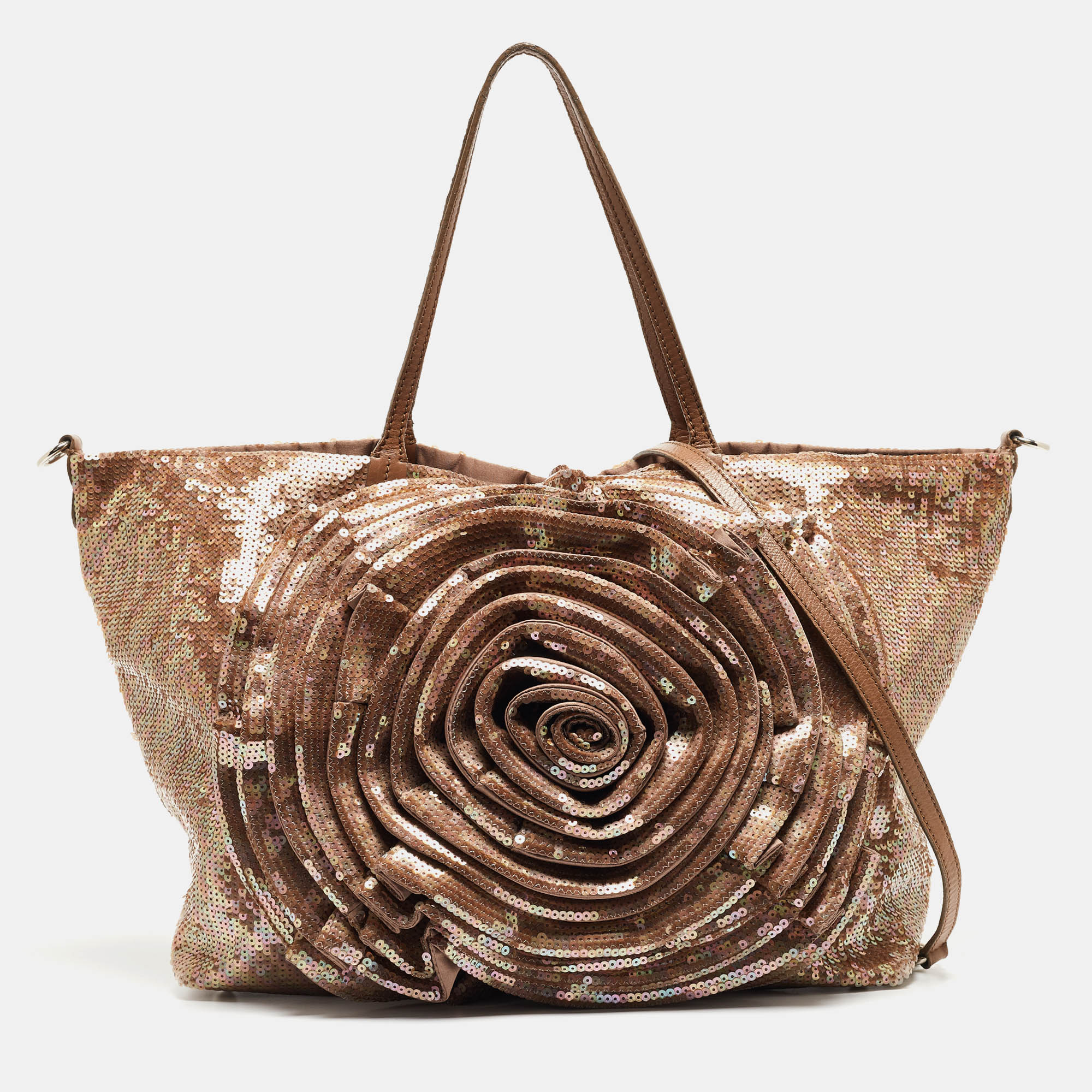 Pre-owned Valentino Garavani Bronze Sequins And Leather Petale Tote In Brown