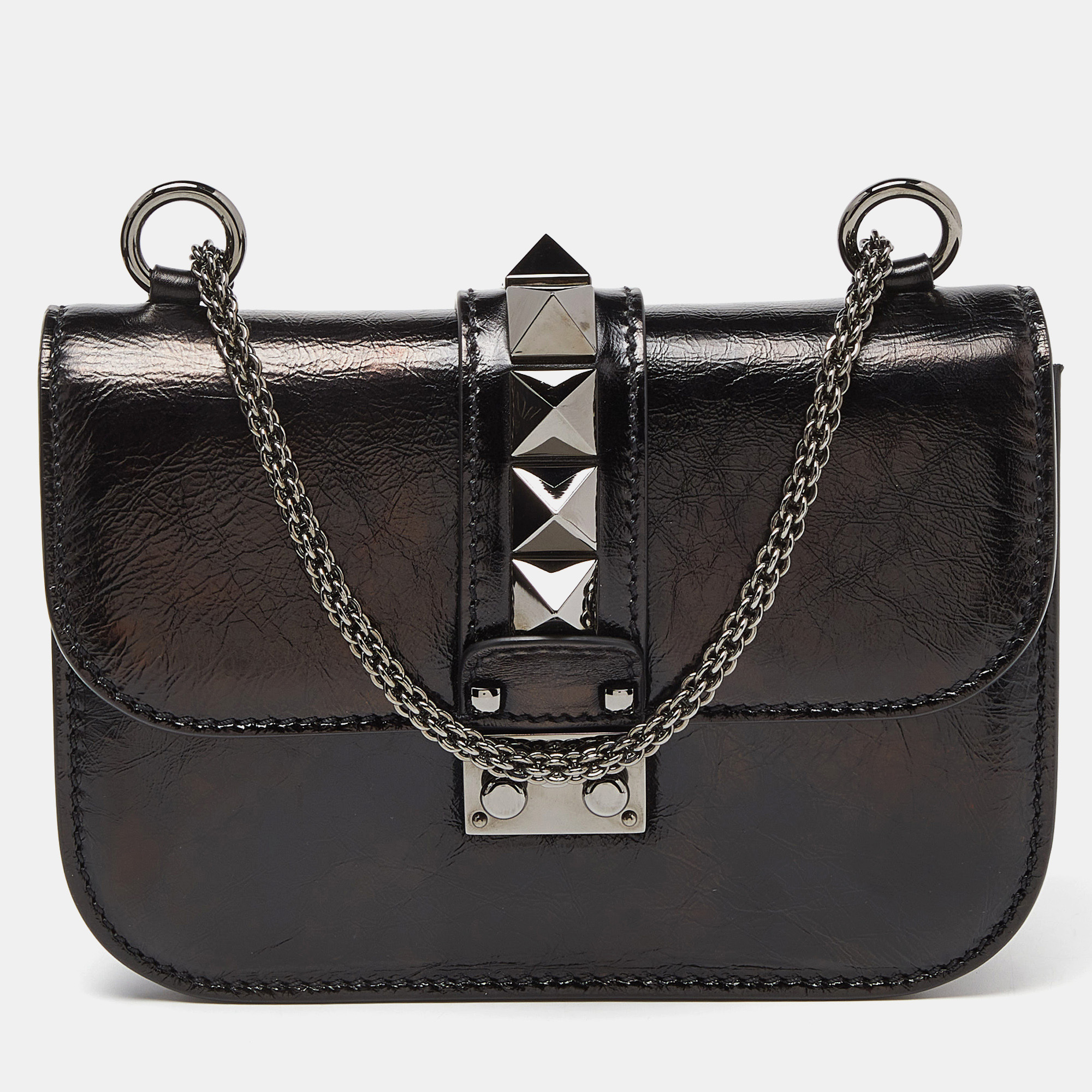 Pre-owned Valentino Garavani Black Leather Small Rockstud Glam Lock Flap Bag