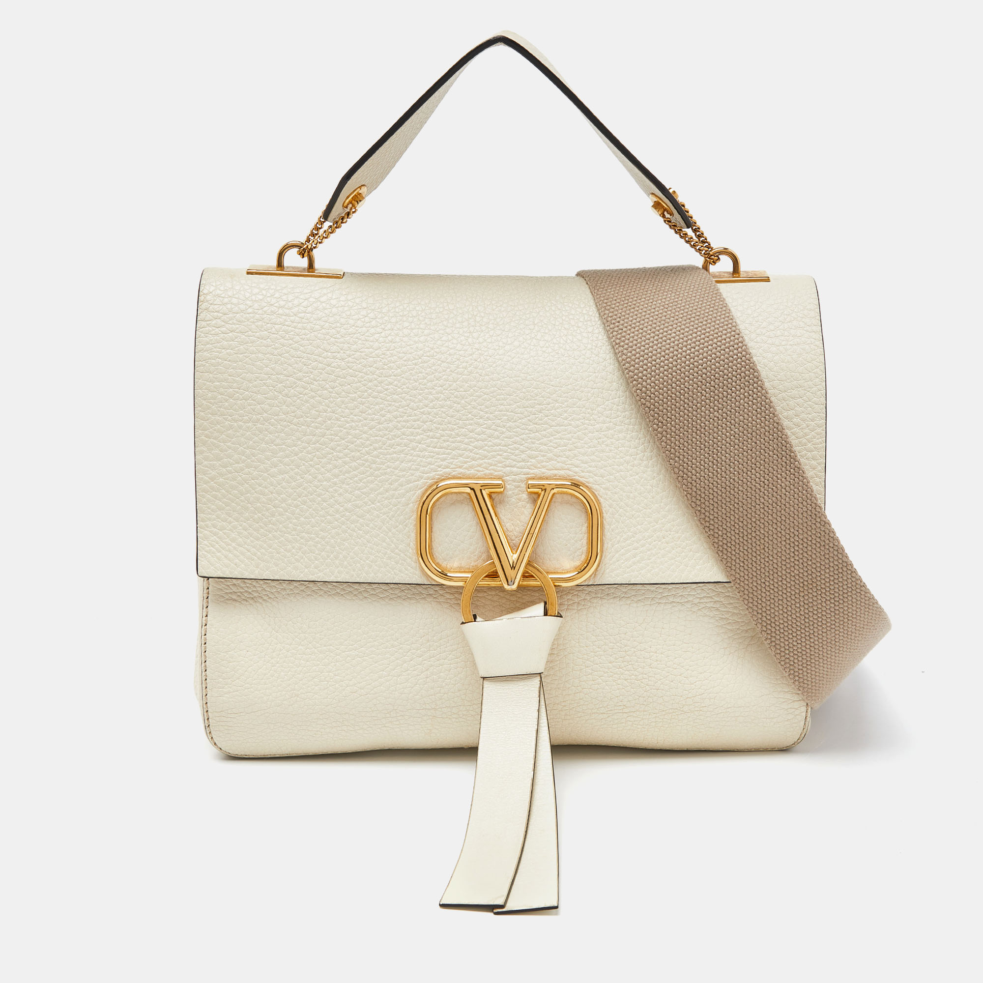 

Valentino Cream Leather Vring Flap Top Handle Bag