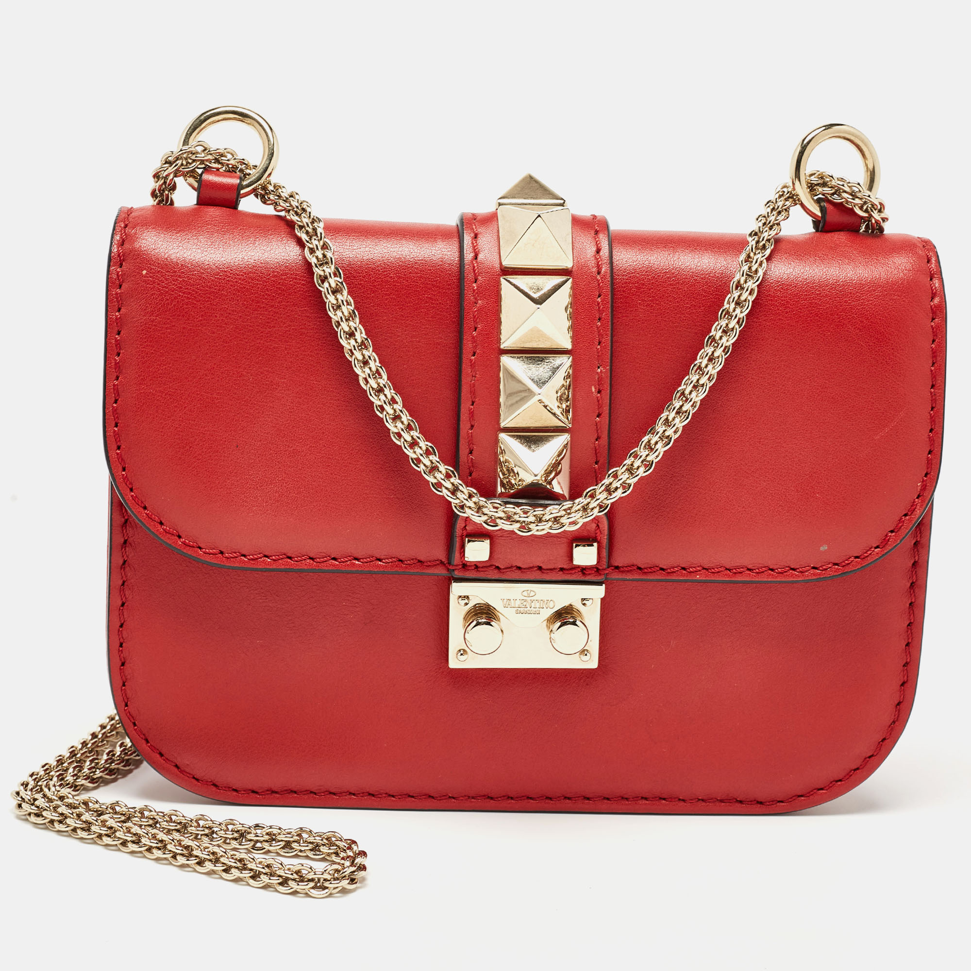 

Valentino Red Leather  Rockstud Glam Lock Flap Bag