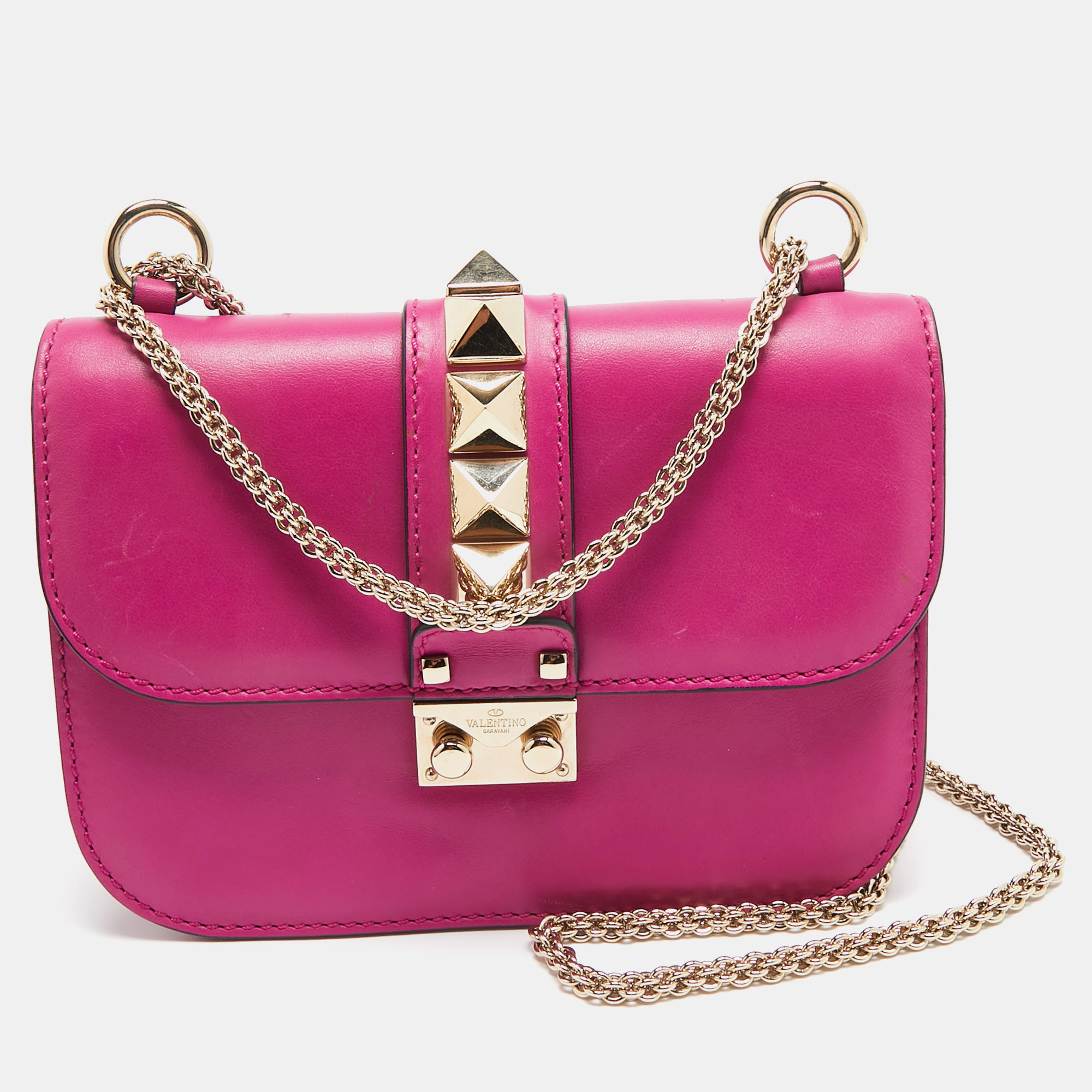 

Valentino Fuchsia Leather  Rockstud Glam Lock Flap Bag, Pink