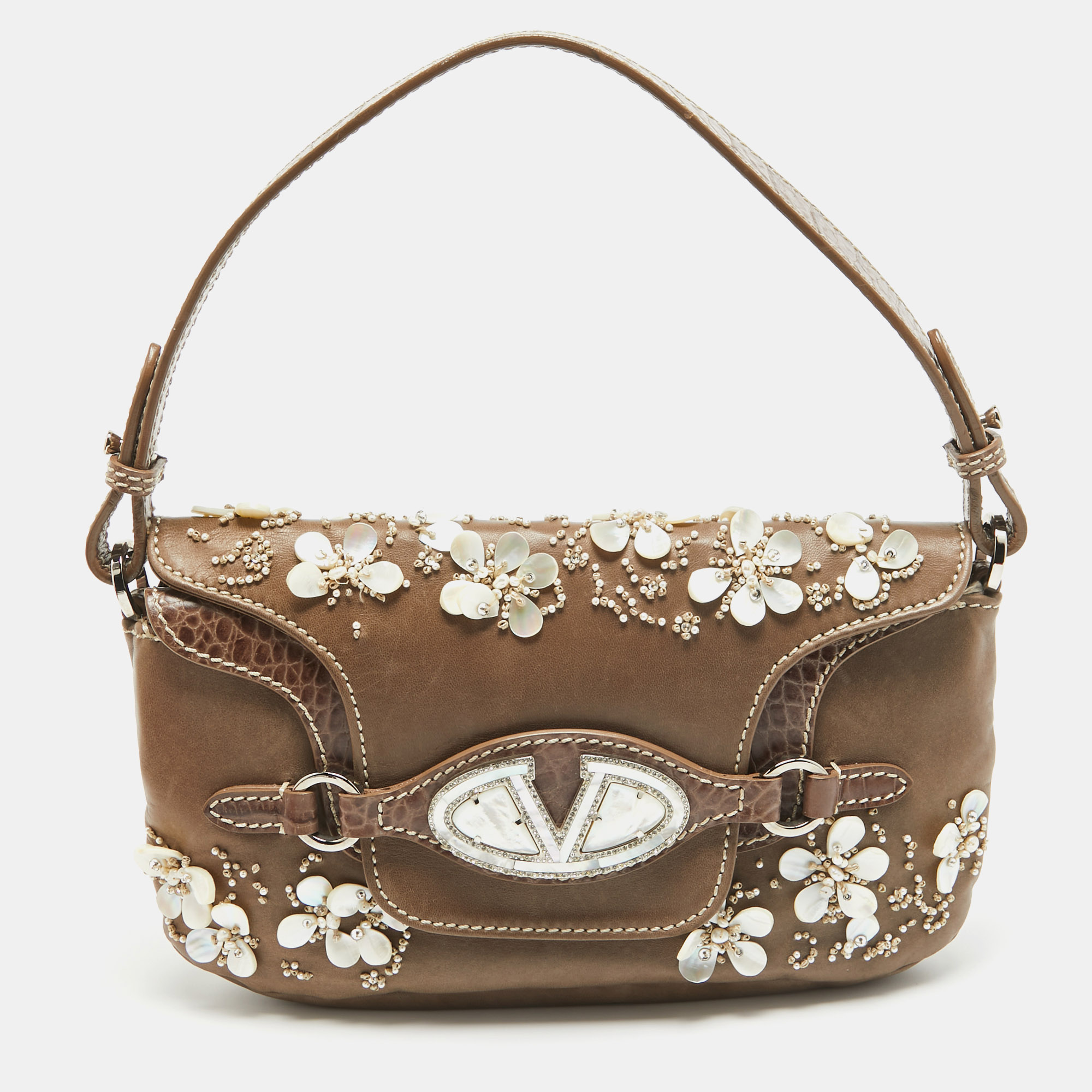 

Valentino Beige Leather/Croc Embossed Crystal and Pearl Embellished Catch Shoulder Bag