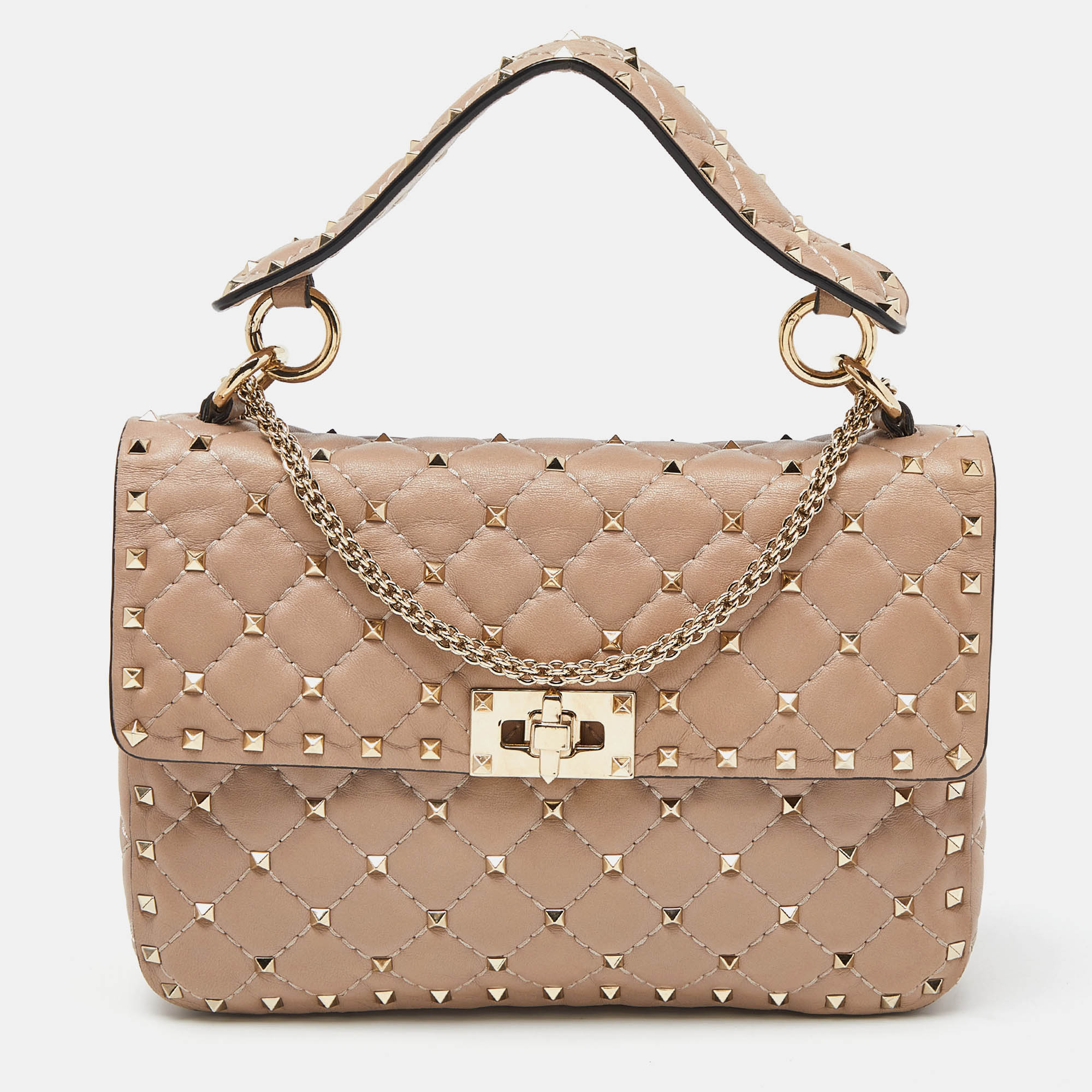 

Valentino Pink Quilted Leather Medium Rockstud Spike Chain Top Handle Bag
