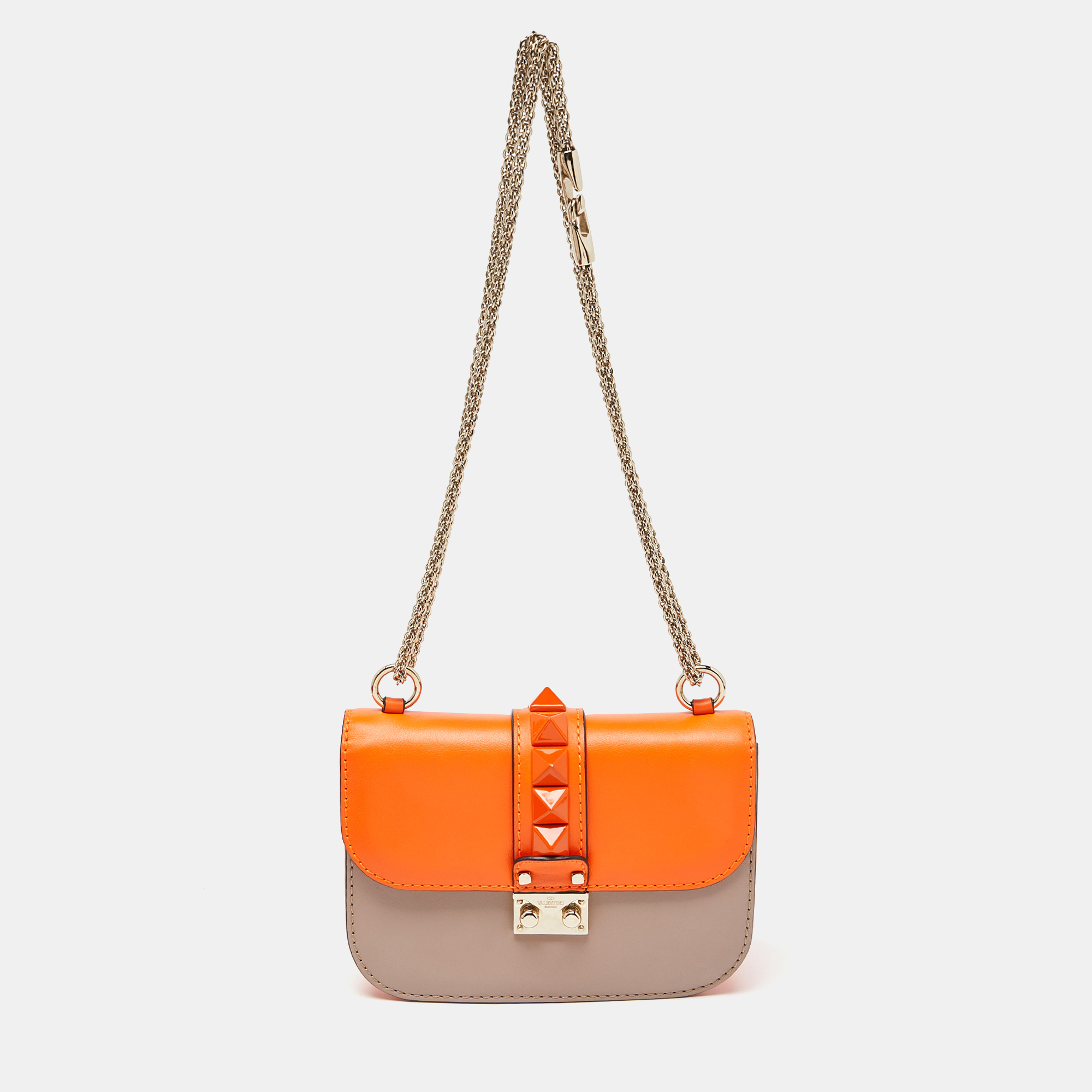 

Valentino Orange/Beige Leather  Rockstud Glam Lock Flap Bag