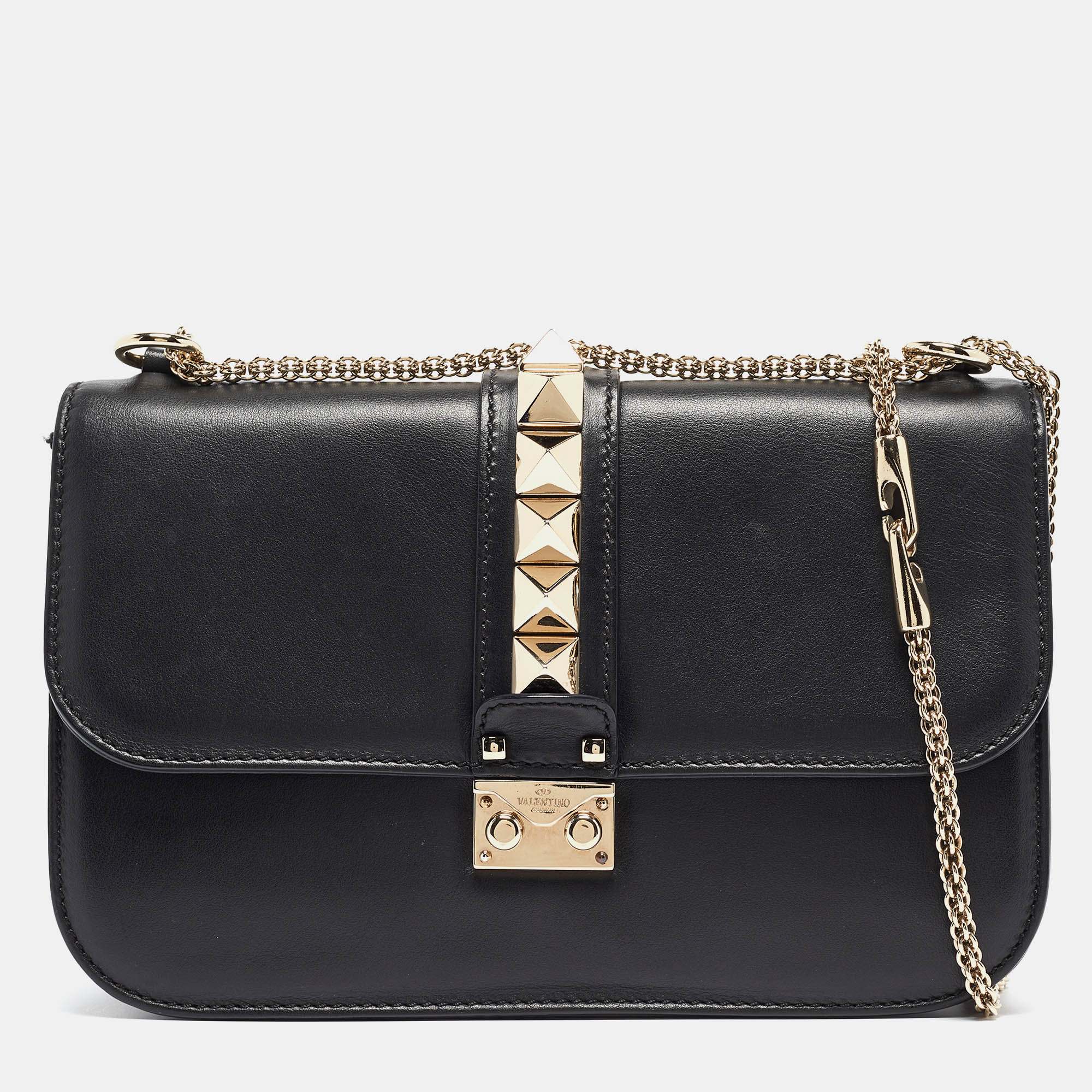 

Valentino Black Leather  Rockstud Glam Lock Flap Bag