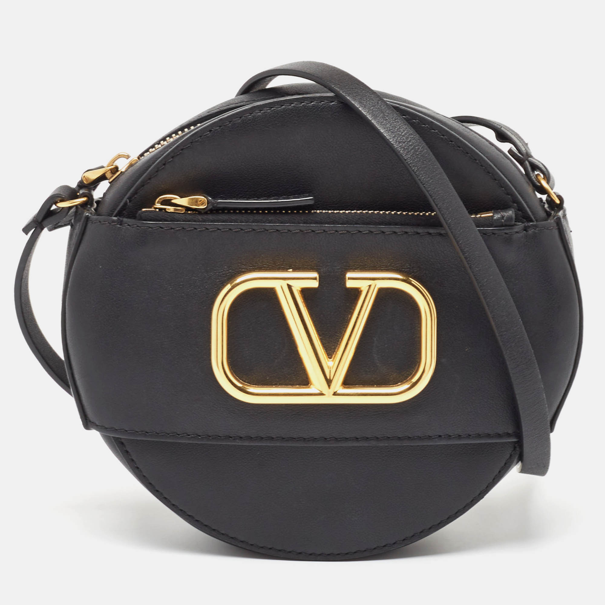 

Valentino Black Leather VLogo Round Crossbody Bag