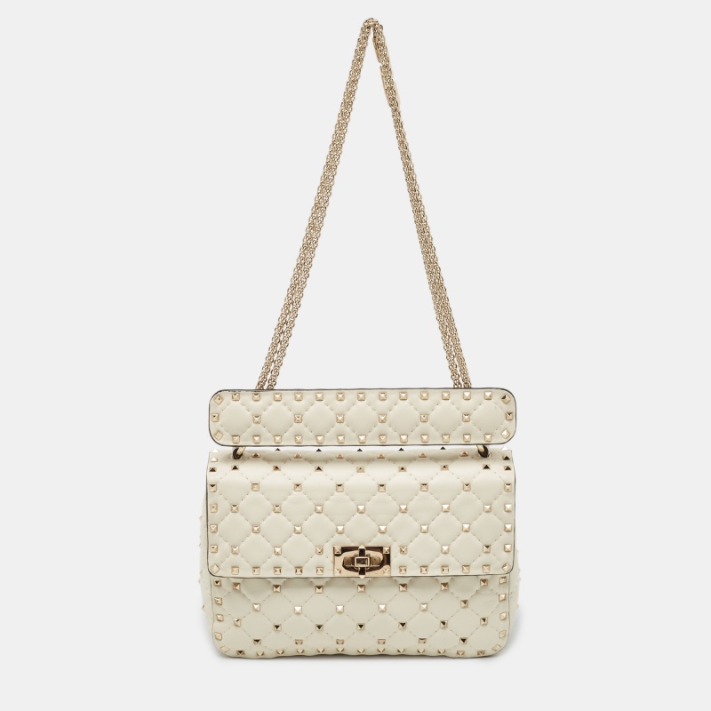 

Valentino Off White Quilted Leather  Rockstud Spike Top Handle Bag