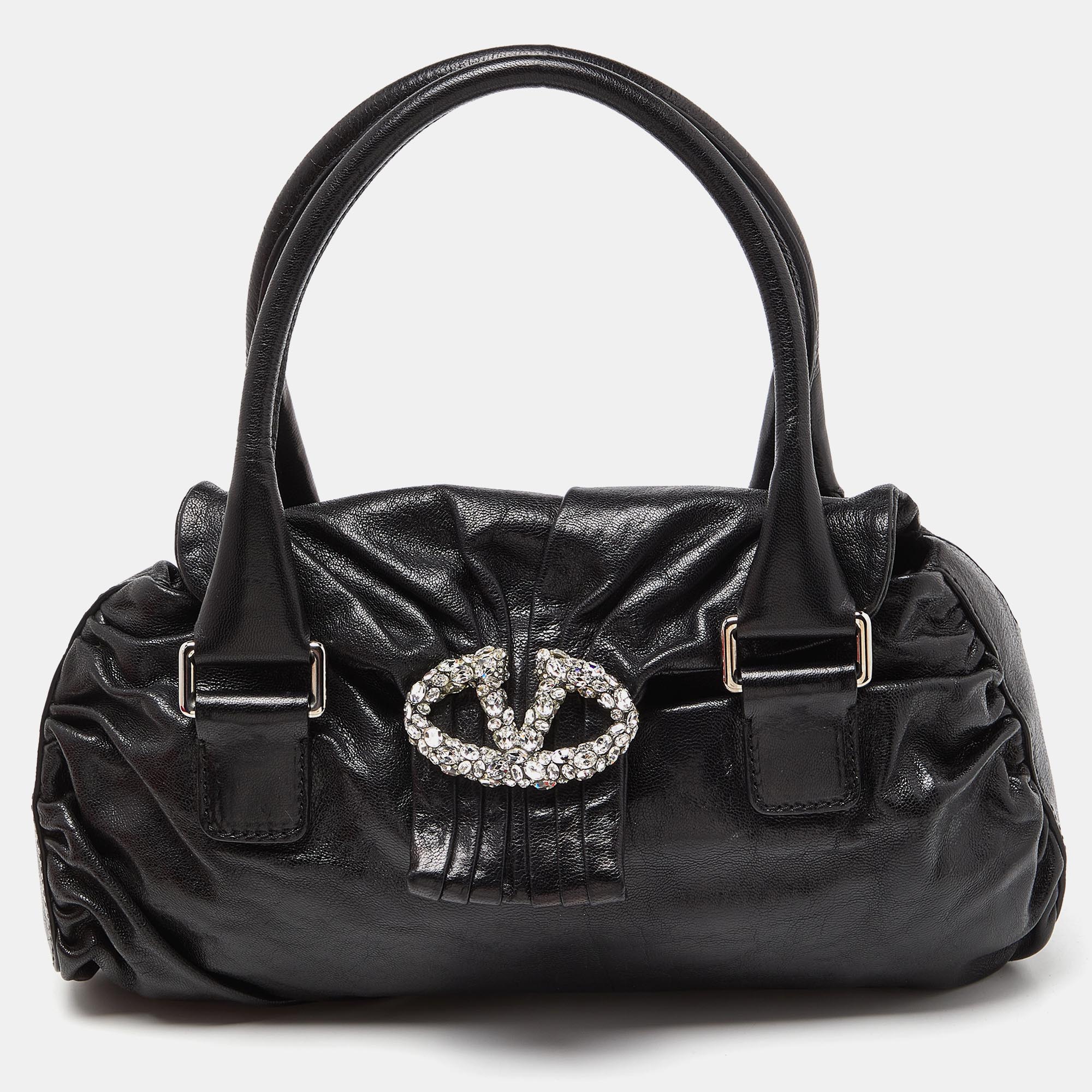 

Valentino Black Leather Crystal Embellished Logo Flap Satchel