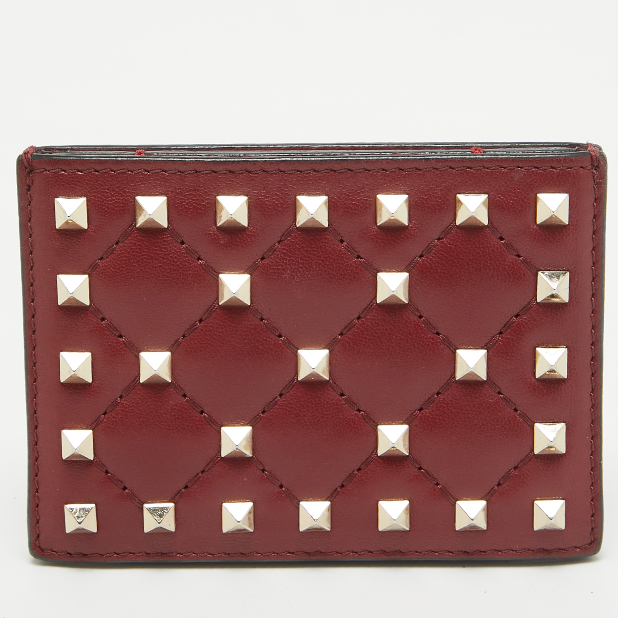 

Valentino Burgundy Quilted Leather Rockstud Spike Card Case, Red
