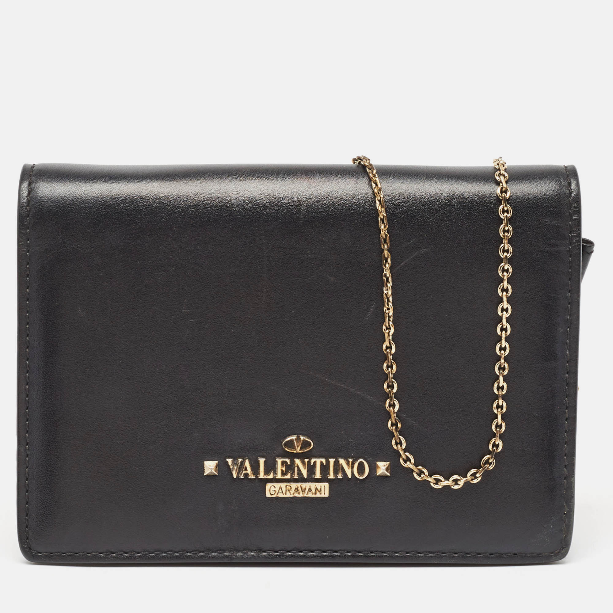 Pre-owned Valentino Garavani Black Leather Flap Chain Clutch