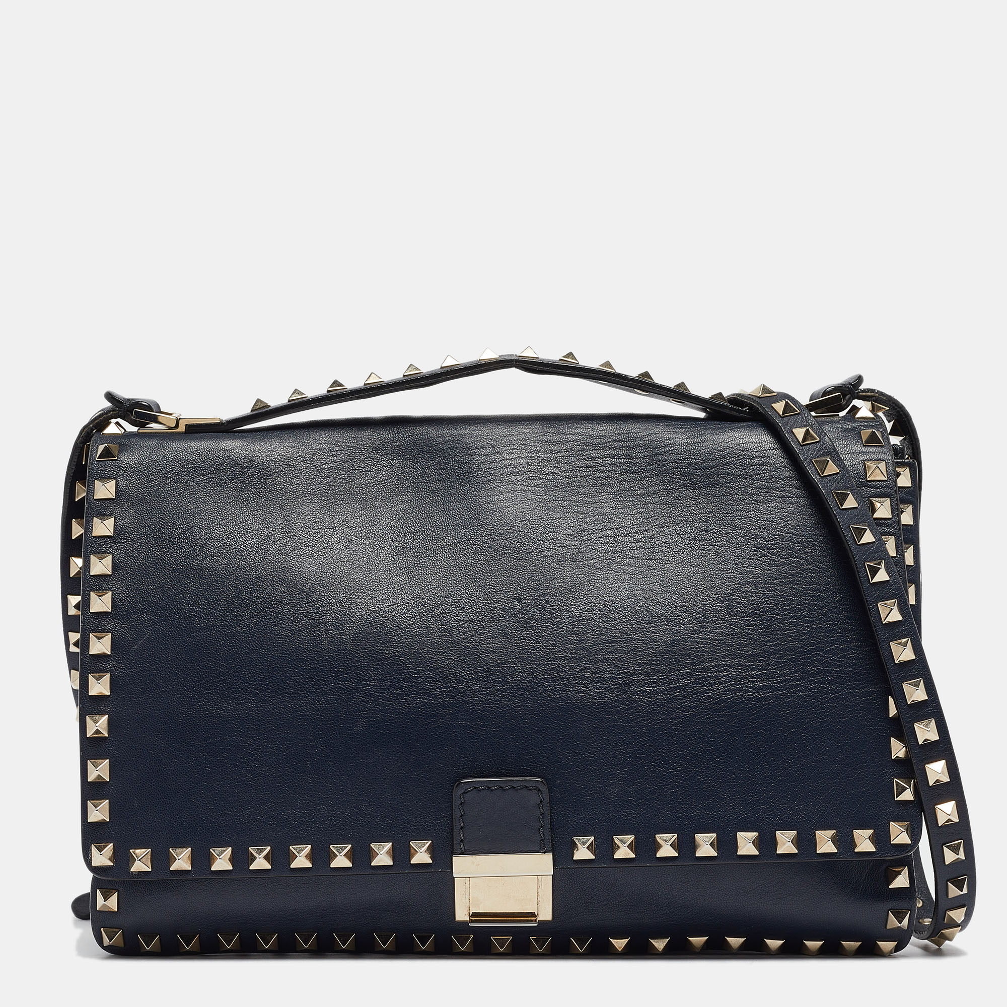 

Valentino Navy Blue Leather Rockstud Top Handle Bag