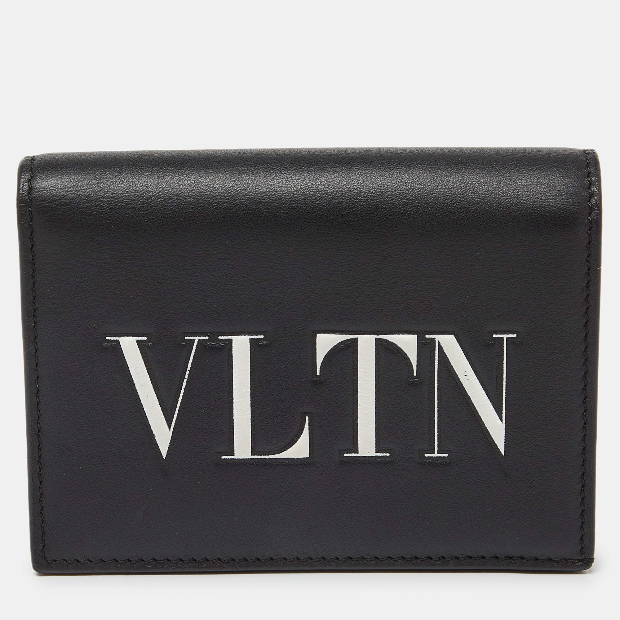 Pre-owned Valentino Garavani Black Leather Vltn Bifold Card Case