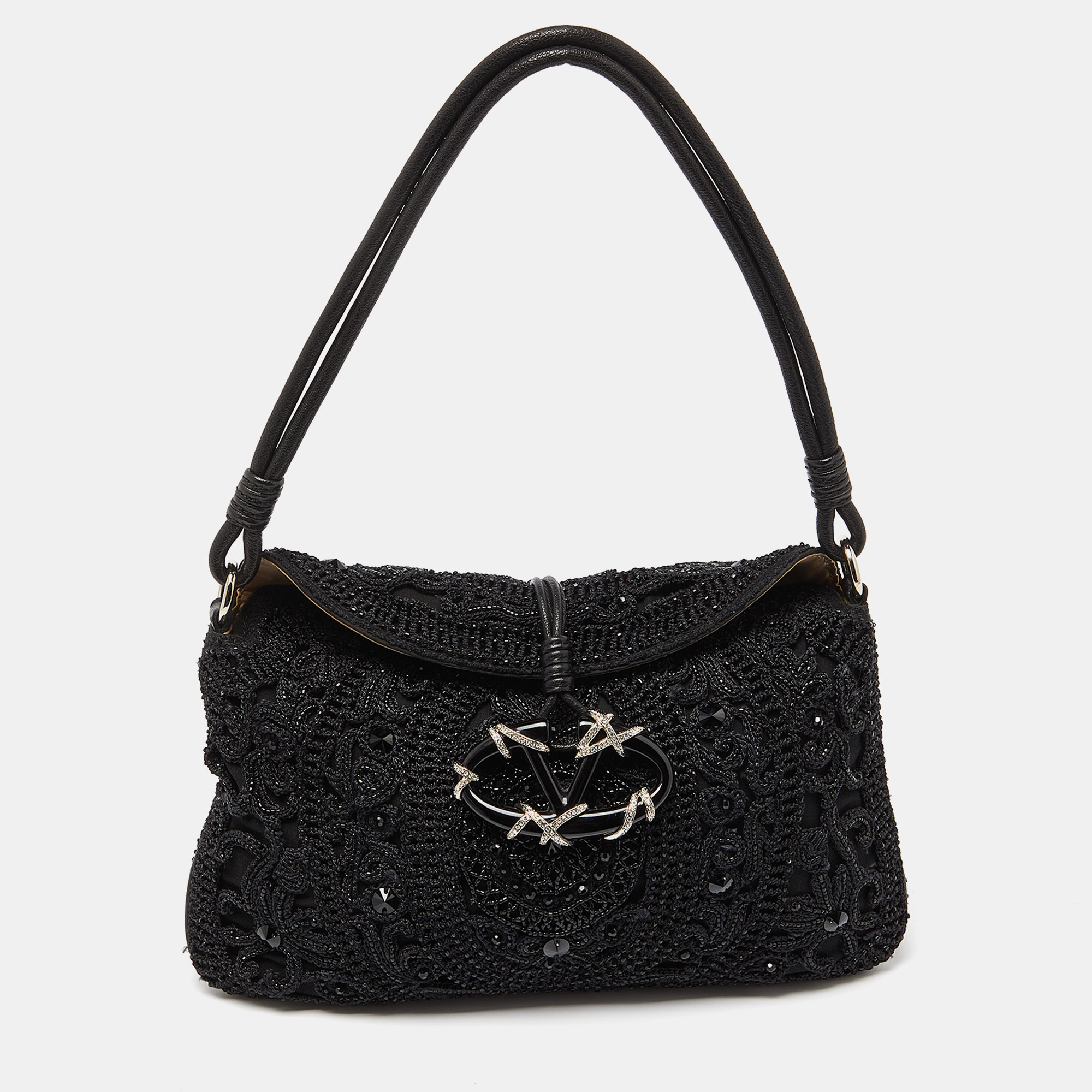Pre-owned Valentino Garavani Black Crochet Fabric Beads And Leather V-ring Shoulder Bag