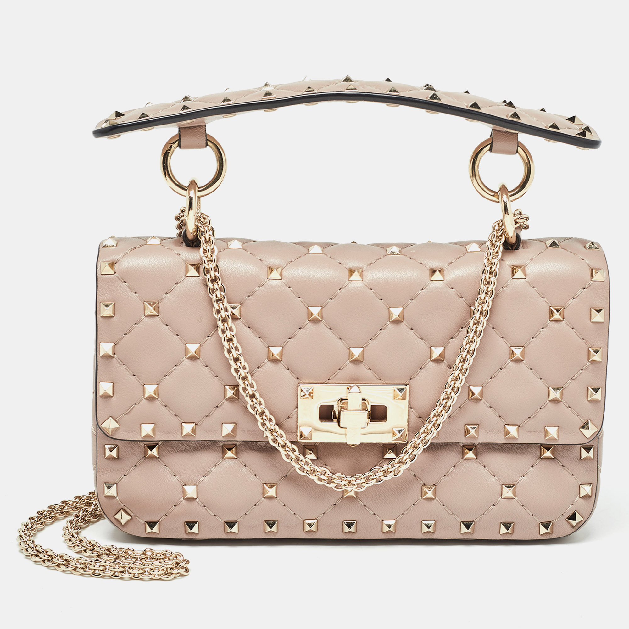 

Valentino Beige Quilted Leather Small Rockstud Spike Top Handle Bag