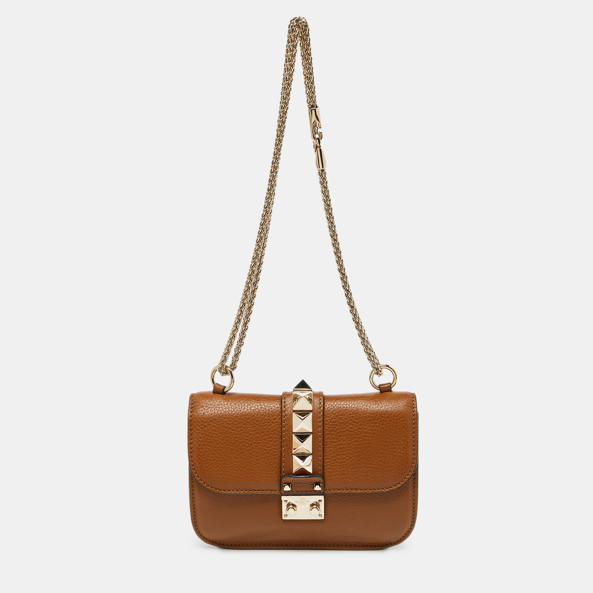 

Valentino Brown Leather  Rockstud Glam Lock Flap Bag
