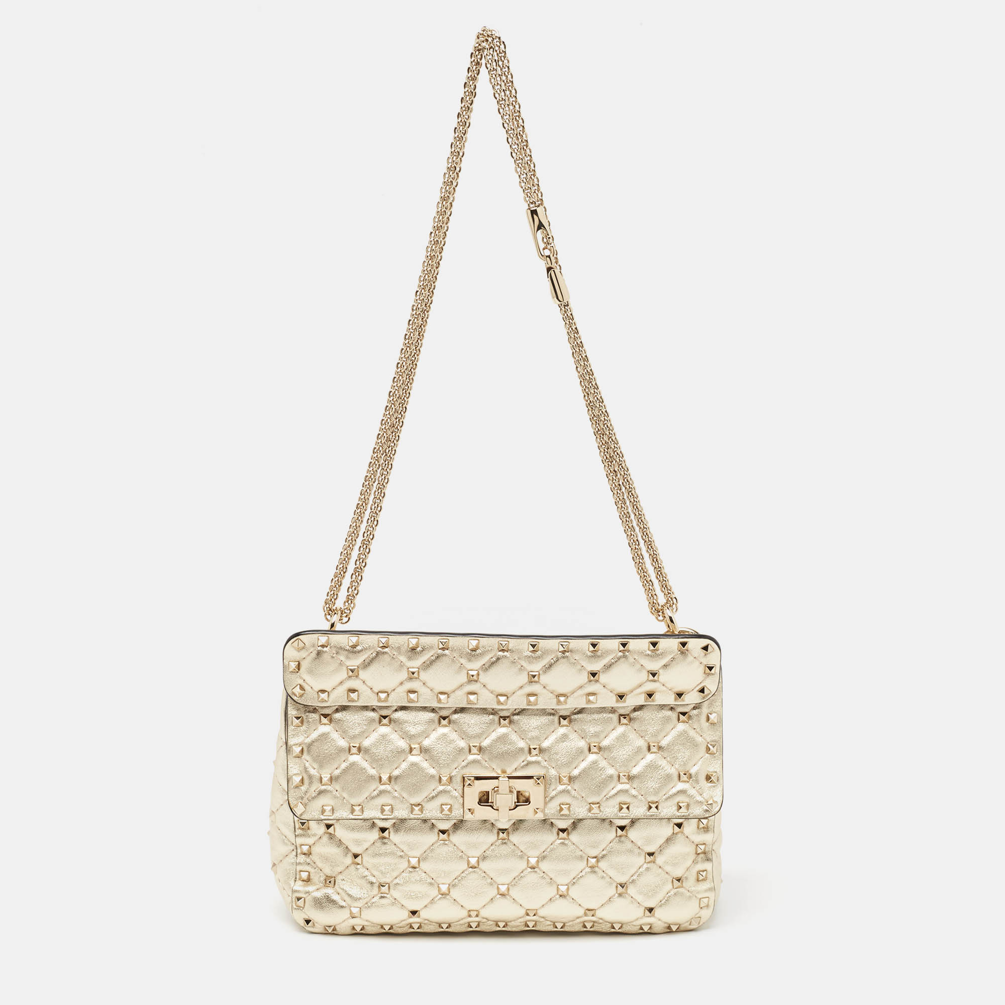 

Valentino Gold Quilted Leather  Rockstud Spike Top Handle Bag