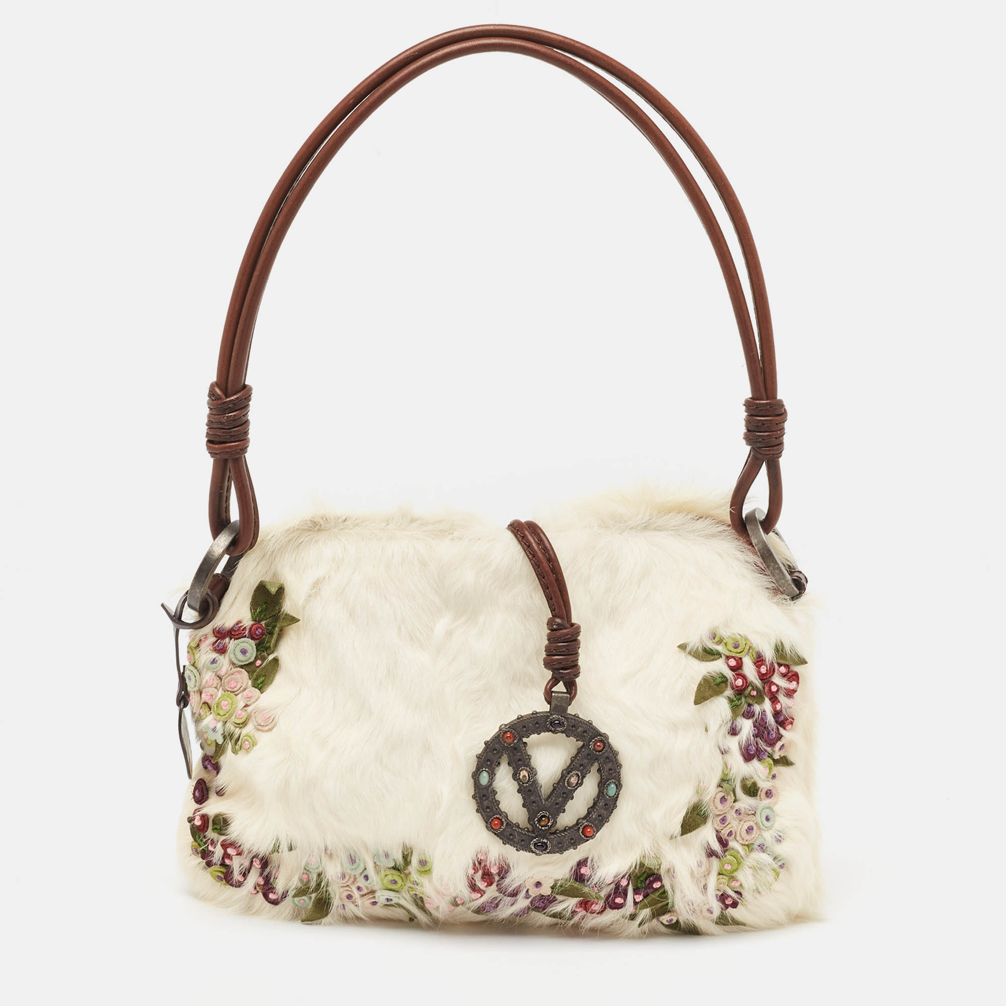 

Valentino Off White Fur and Laeather Floral Applique VLogo Baguette Bag