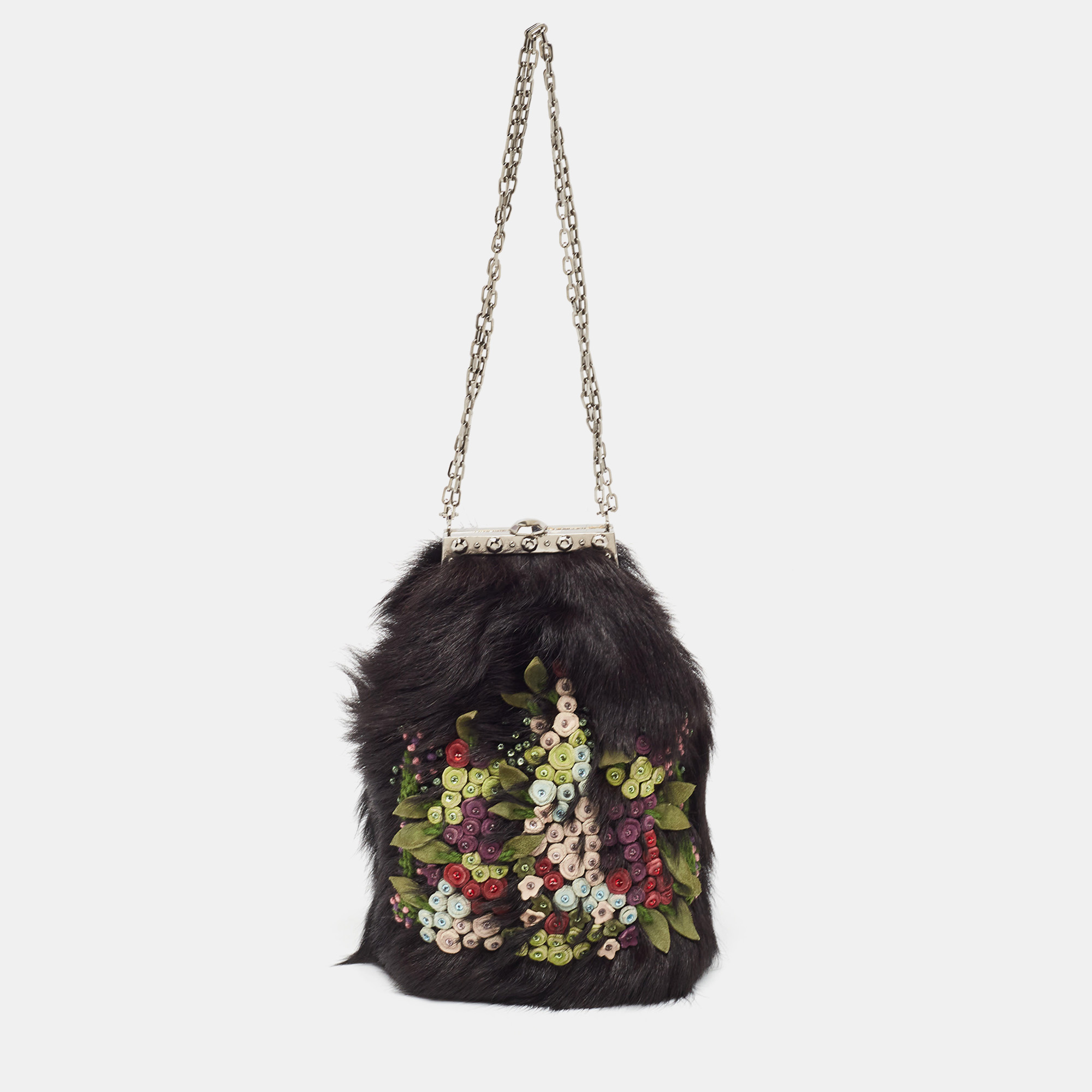 Pre-owned Valentino Garavani Black Fur Floral Applique Frame Chain Clutch