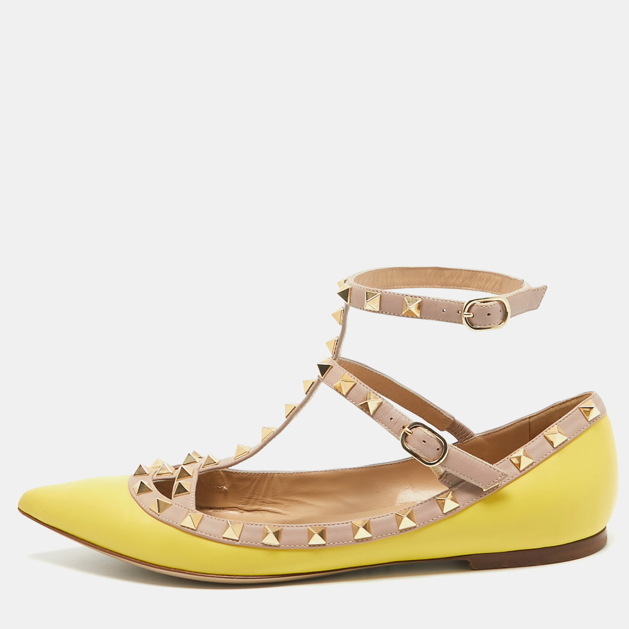 

Valentino Yellow/Dusty Pink Leather Rockstud Ankle Strap Flats Size