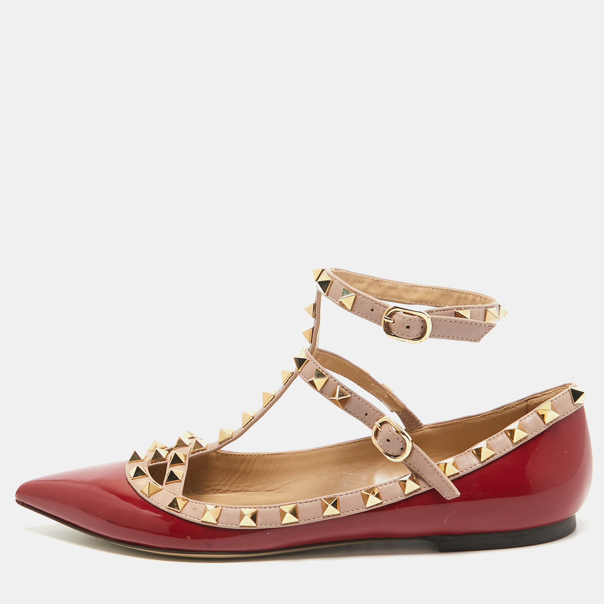 

Valentino Red/Beige Patent and Leather Rockstud Ballet Flats Size
