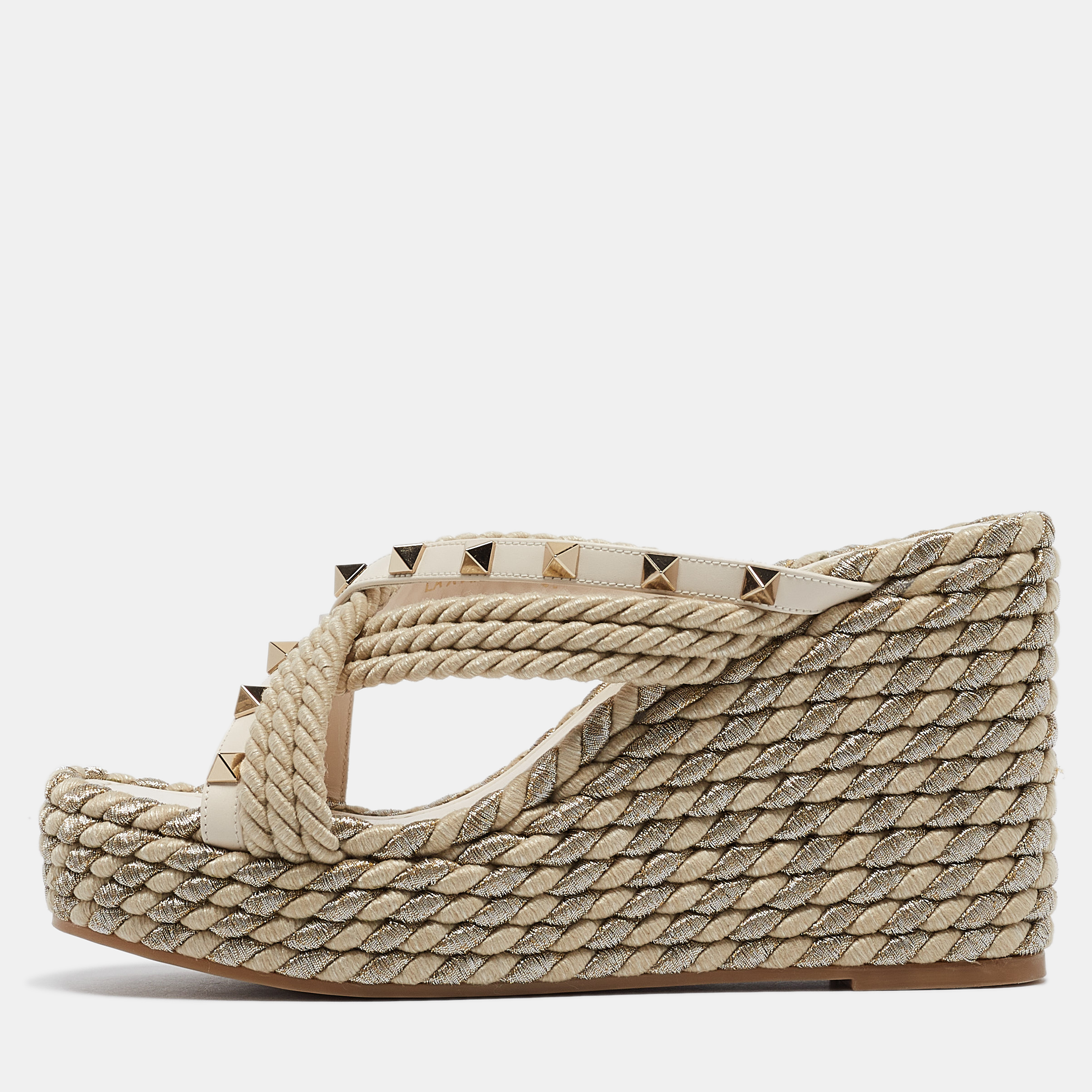 

Valentino Cream Raffia and Leather Rockstud Wedge Sandals Size